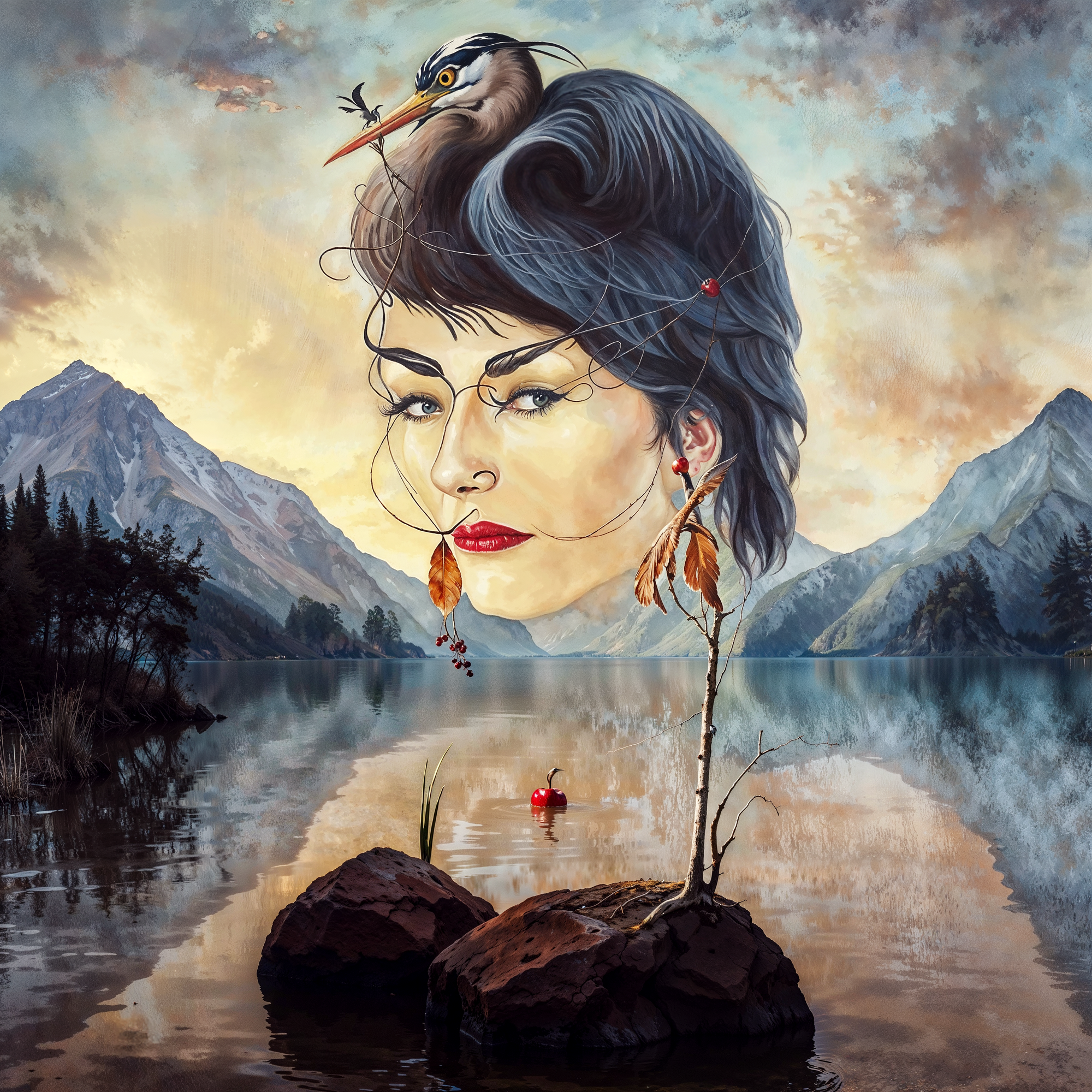 Женское лицо над озером с цаплей в волосах на фоне гор