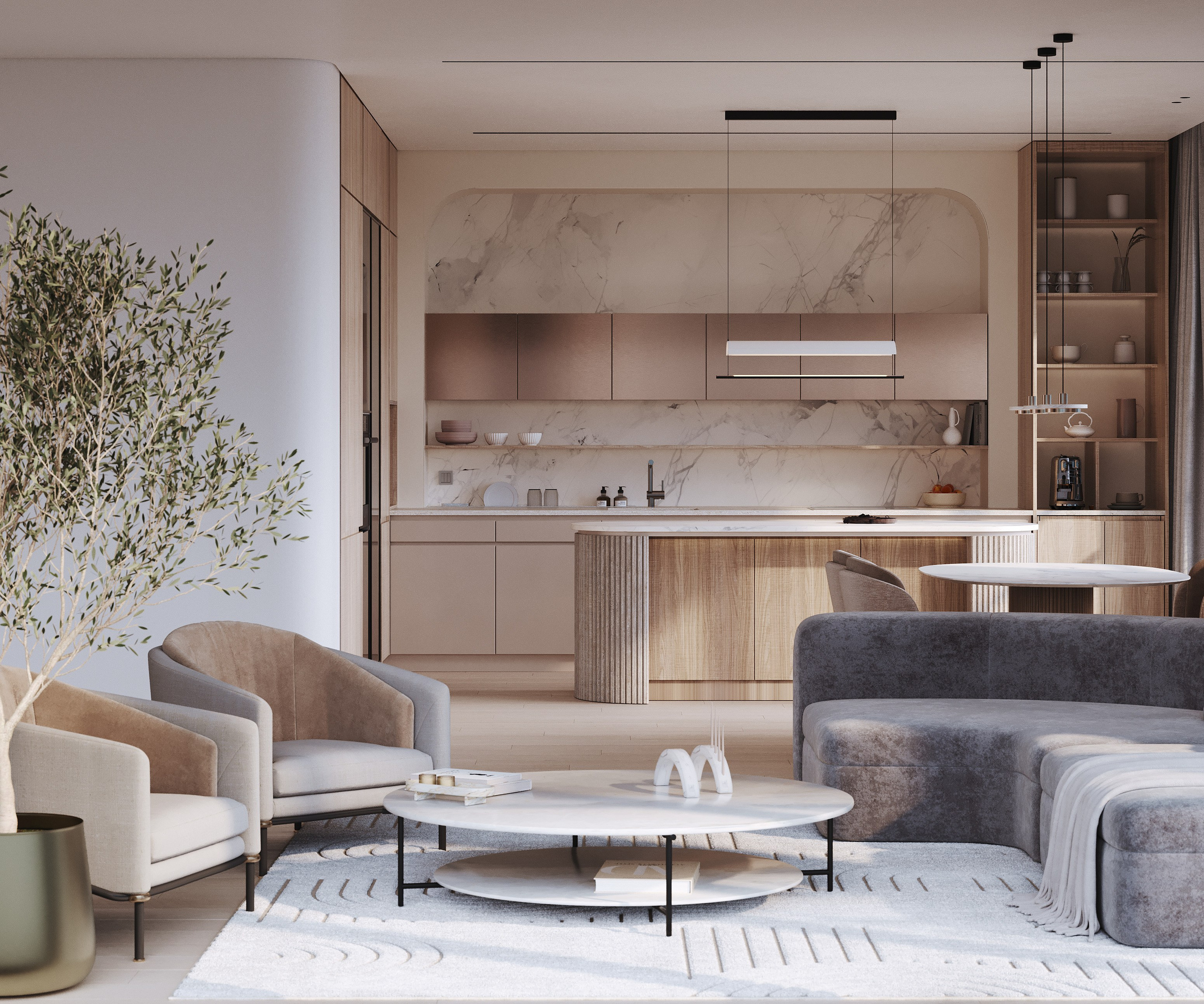 визуализация кухни - гостиной в минималистичном современном  стиле