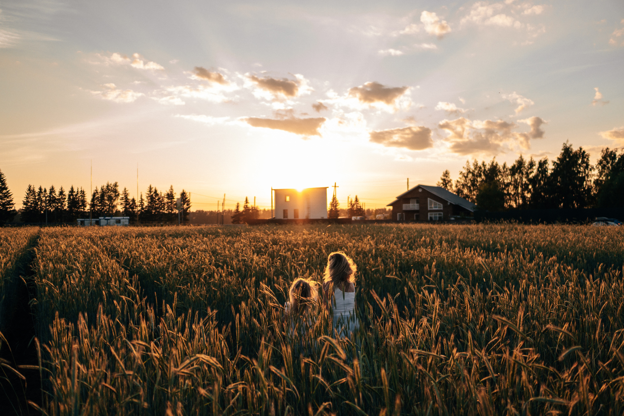 Мама с дочкой встречают закат в злаковом поле