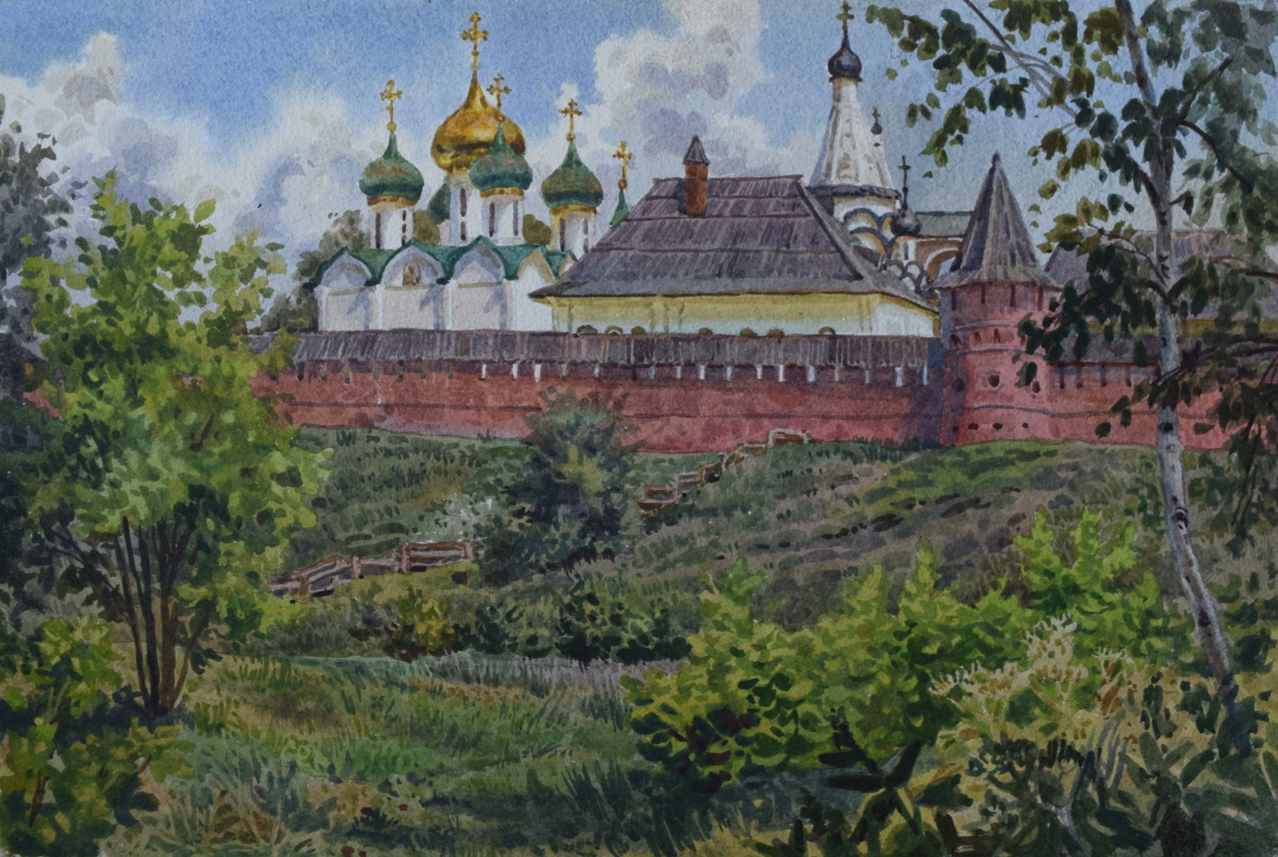 Готовая картина на продажу. Акварельный пейзаж. Вид на монастырь. монастырь. Храм. Суздаль. Картина не дорого.