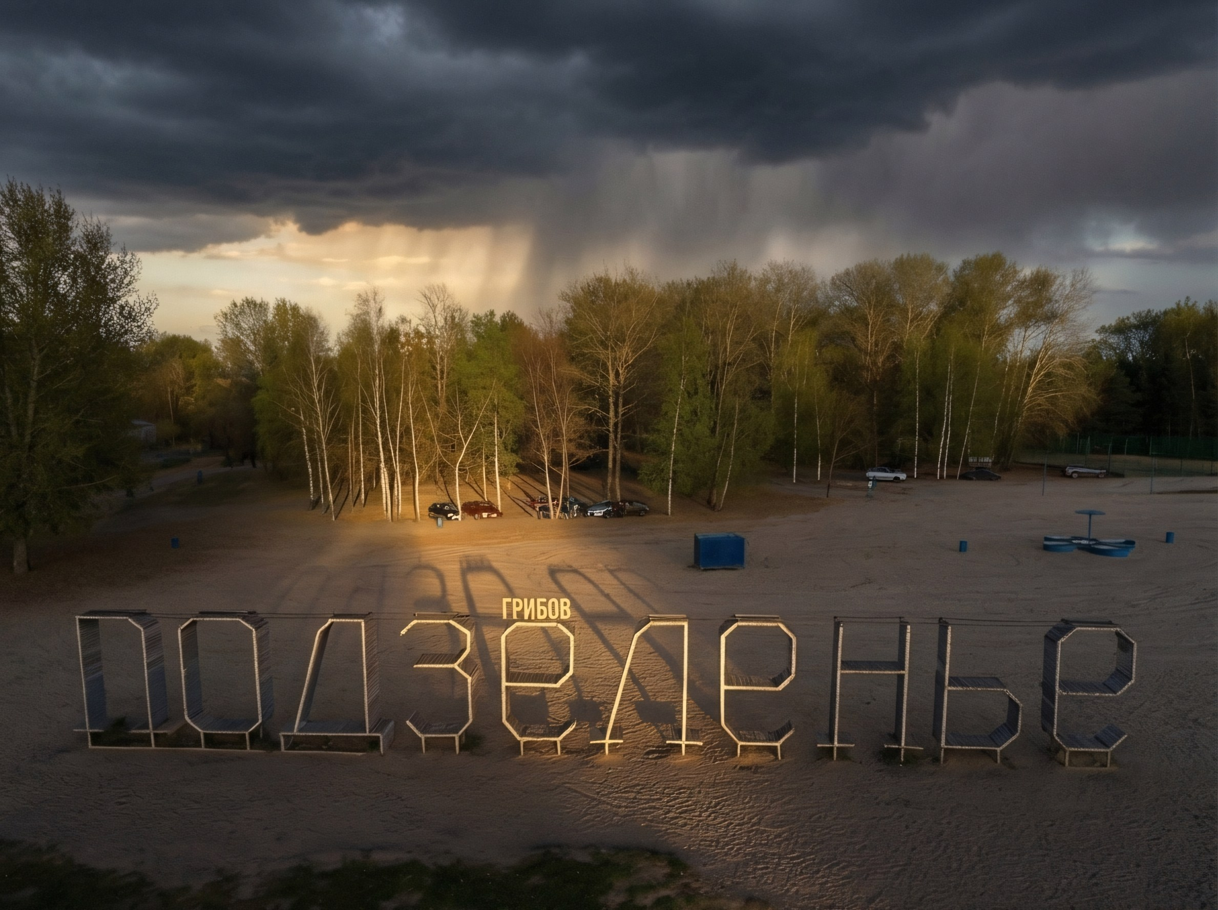 Подзеленье Ярославль, пляж Подзеленье, тучи, аэросъёмка