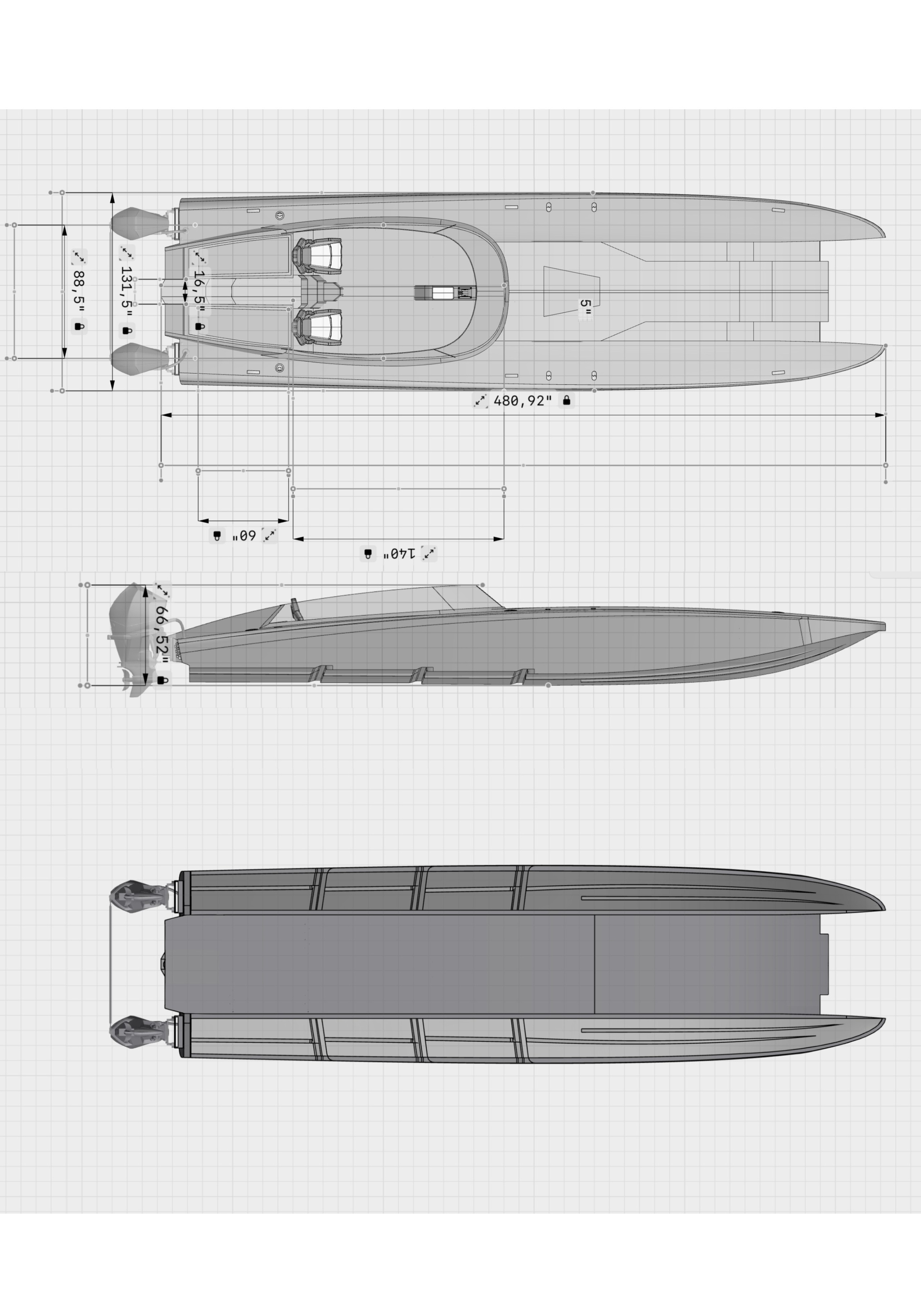 Powerboat cats 39 ft. Design and refit of yachts and motorboats