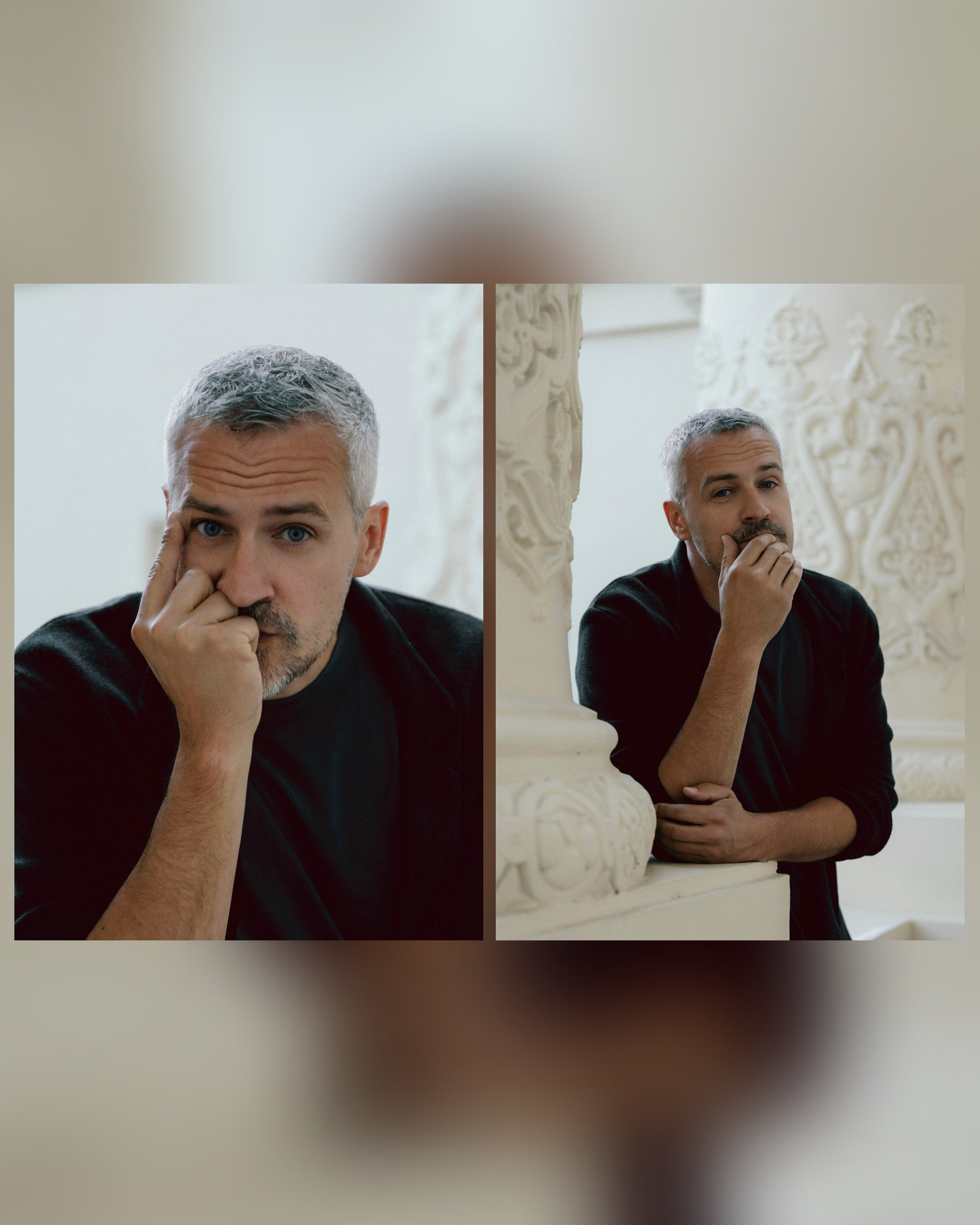 портрет голубоглазого мужчины, мужчина опирается на кулак