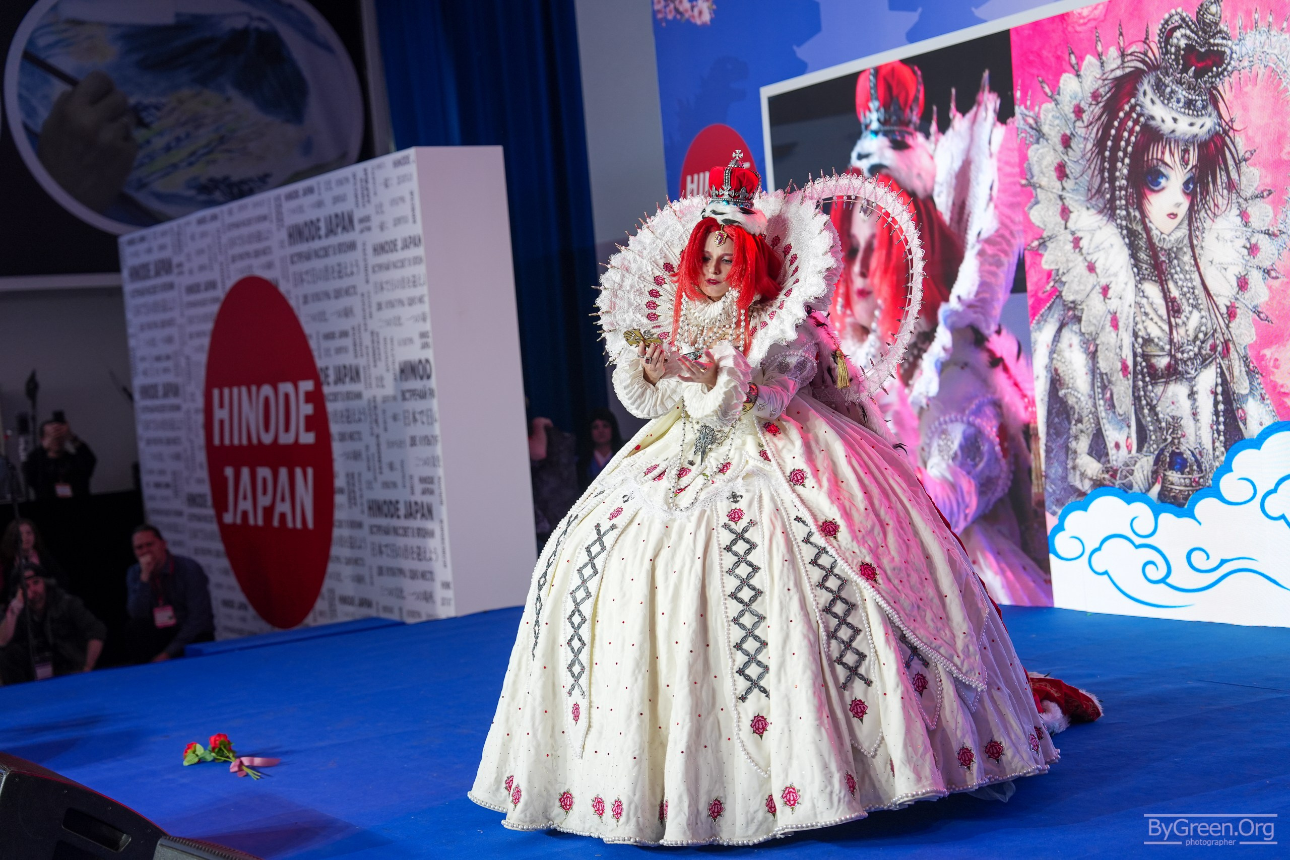 Cosplay of Esther Blanchett from Trinity Blood — crinoline gown, wide stage shot, Hinode 2026, Moscow
