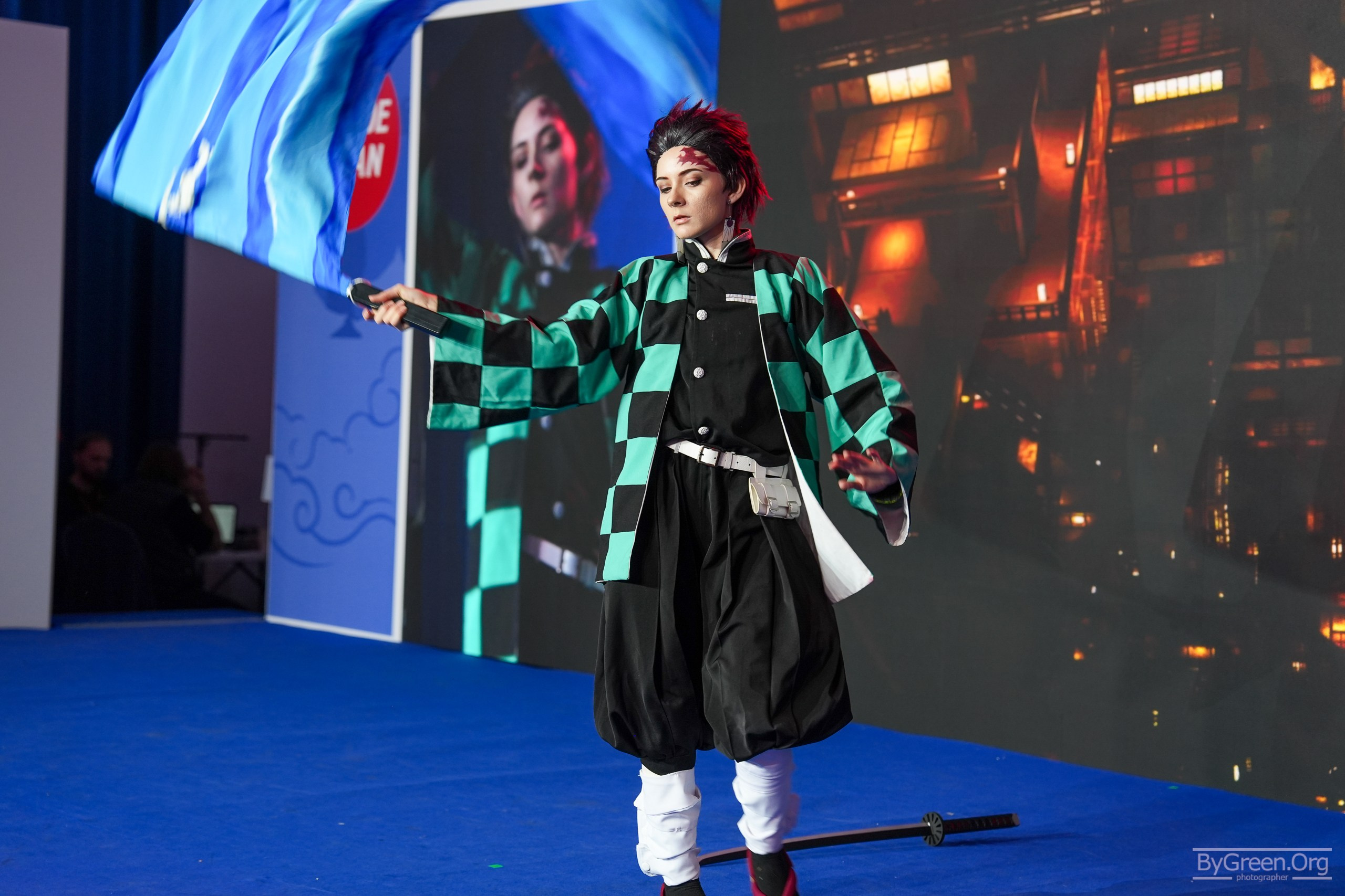 Cosplay of Tanjiro Kamado from Demon Slayer — performance with a katana, Hinode 2026, Moscow