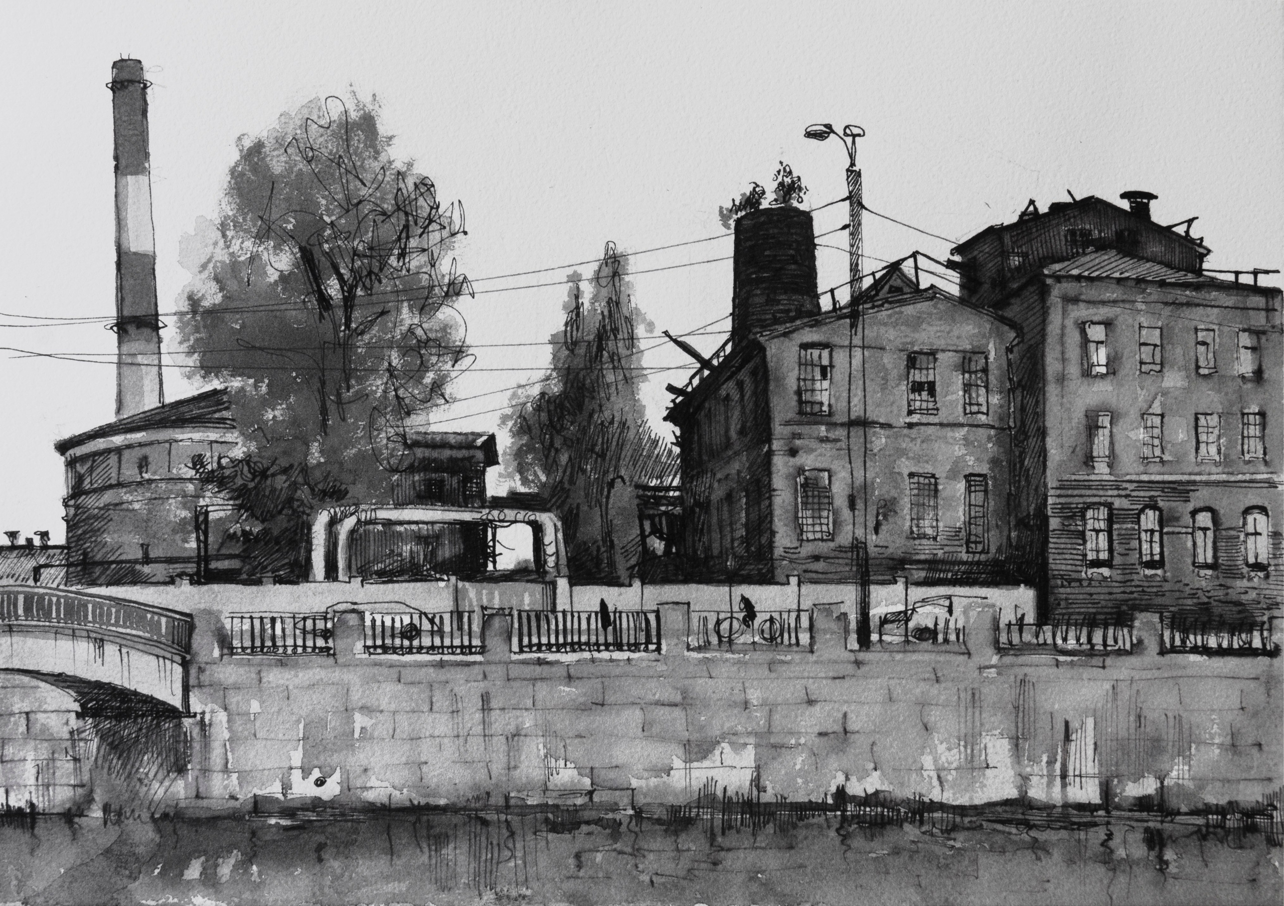 город, графика, черно-белый город, белые ночи, Петербург