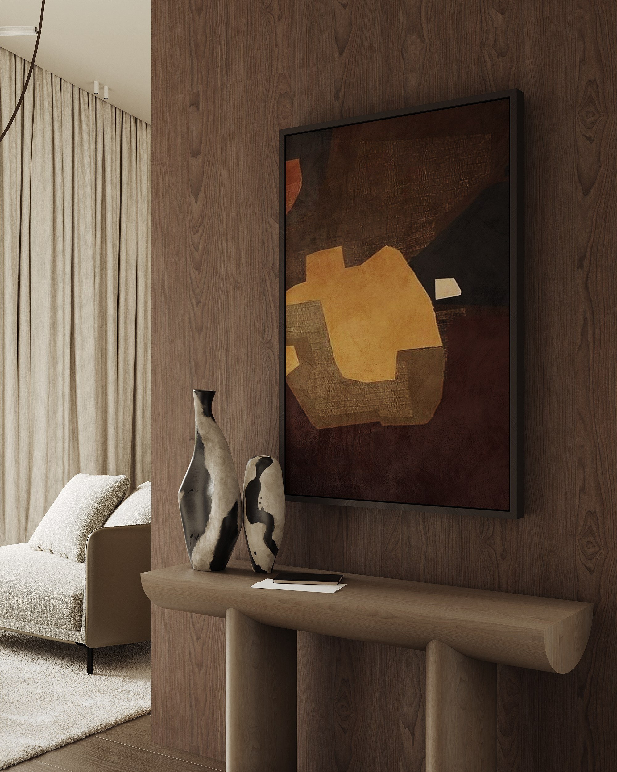 Уютная светлая спальня в доме из бруса с дизайнерской мебелью.