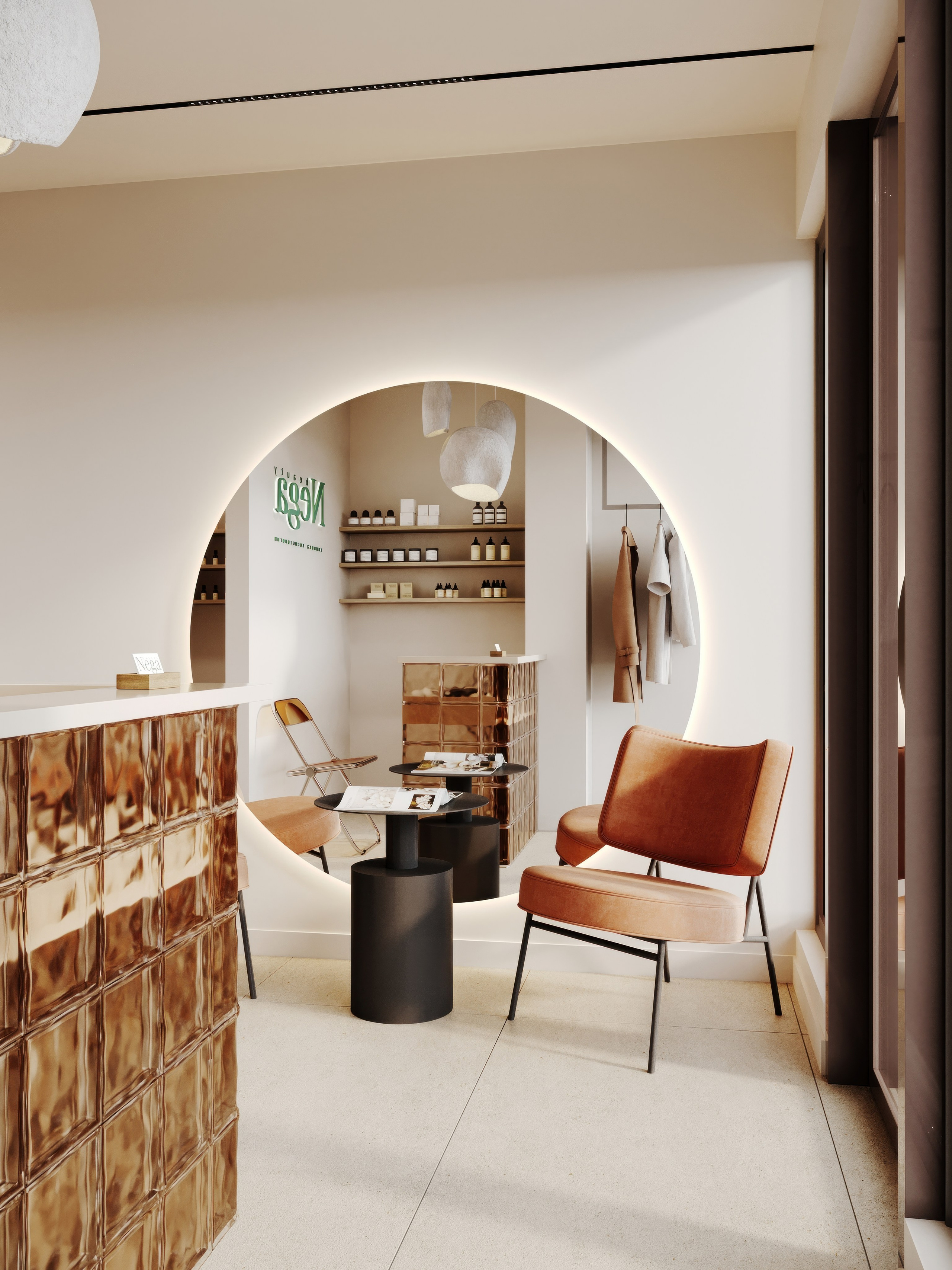 визуализация зоны ожидания в салоне красоты    в нежных тонах  в сером минималистичном современном  стил