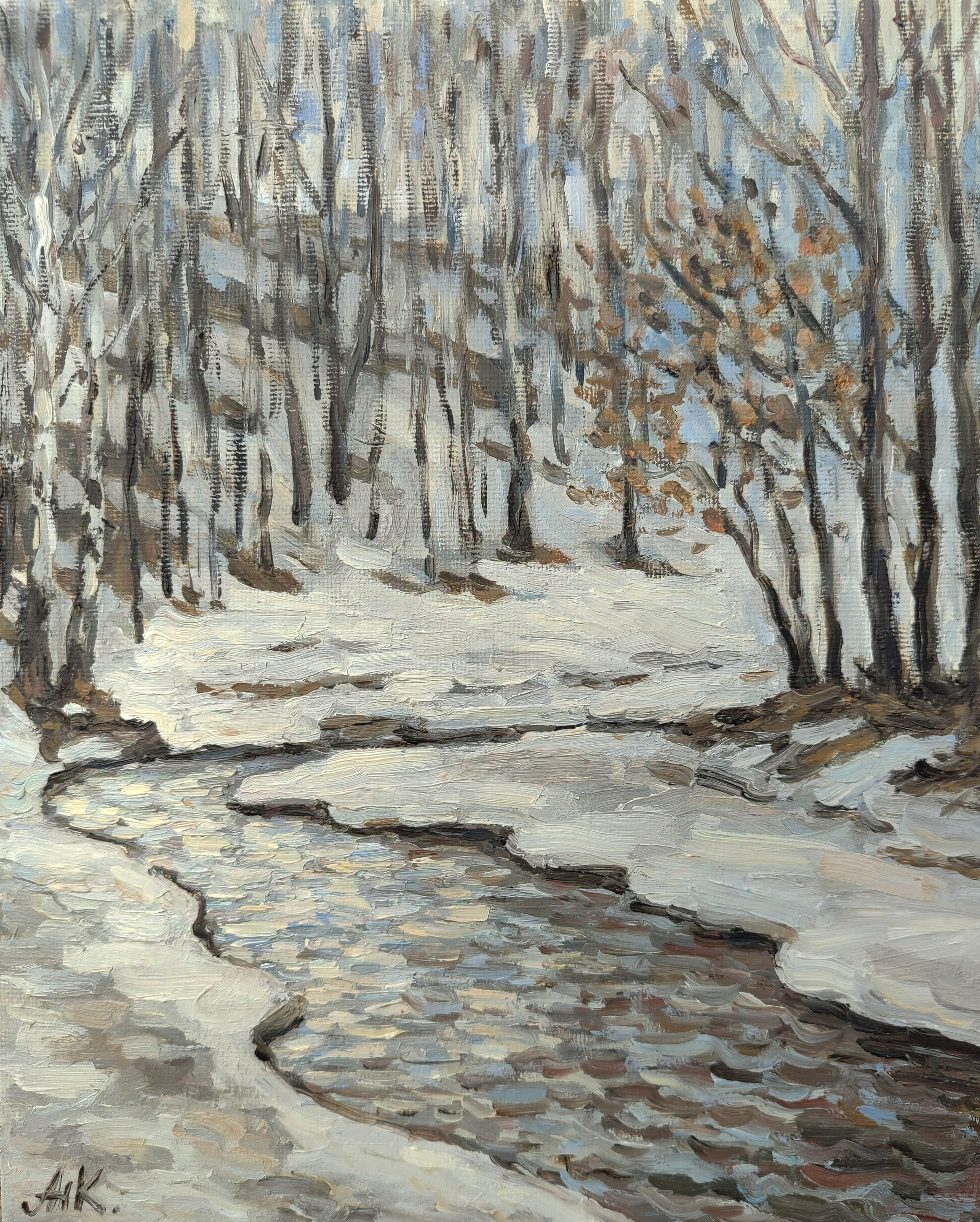 Картина маслом - Весенний пейзаж с бликующей на солнце речкой среди снегов