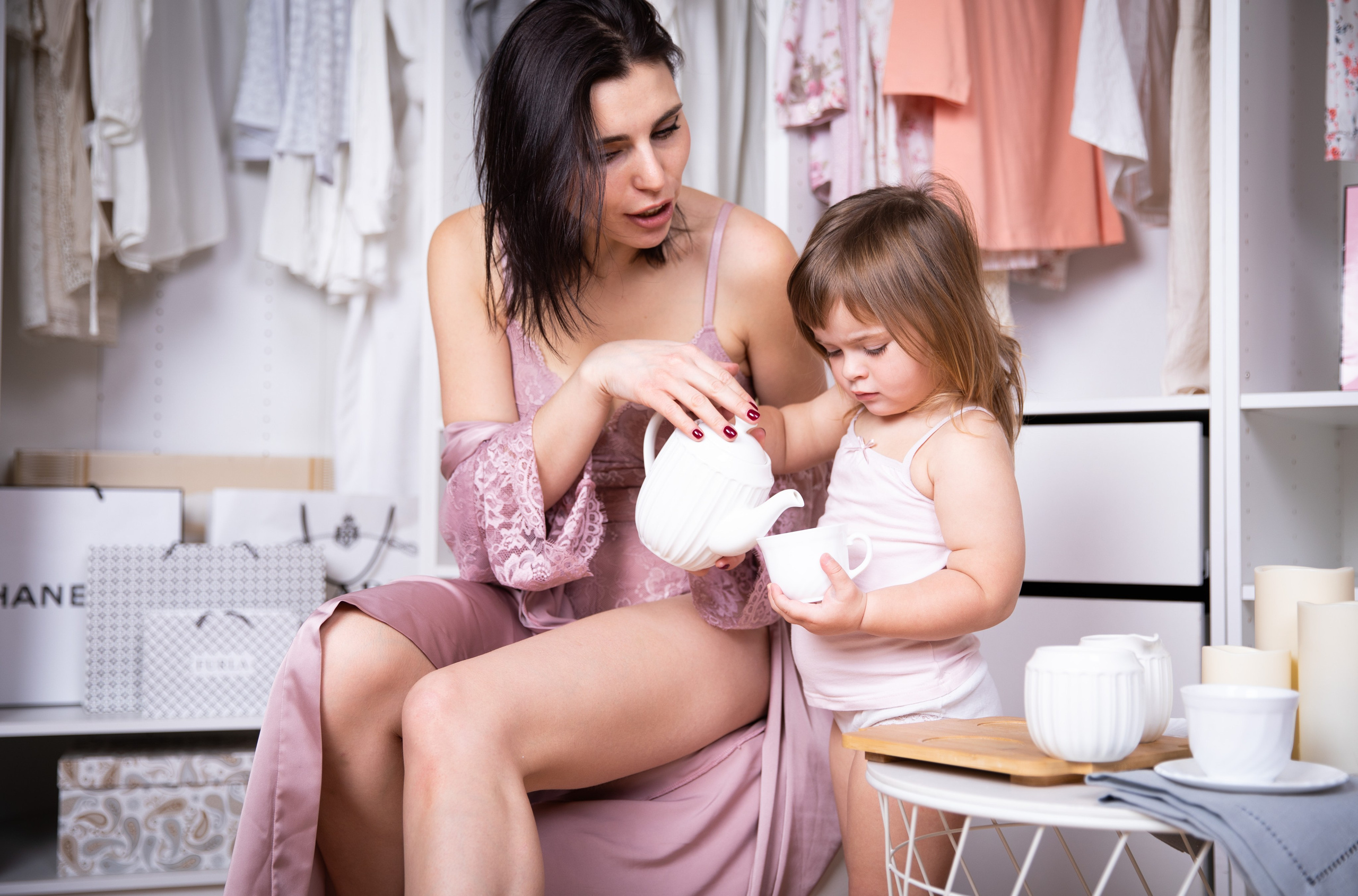 Mother and daughter at a studio photo shoot