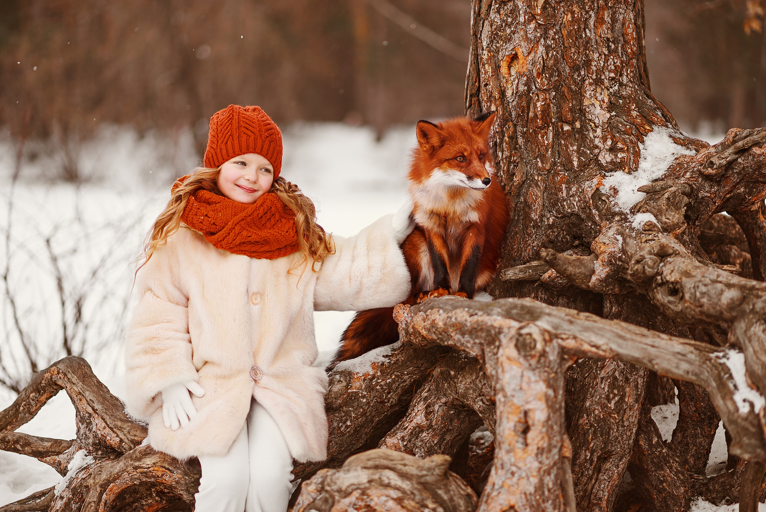 Девочки и лиса сидят на корнях дерева и смотрят вдаль.
