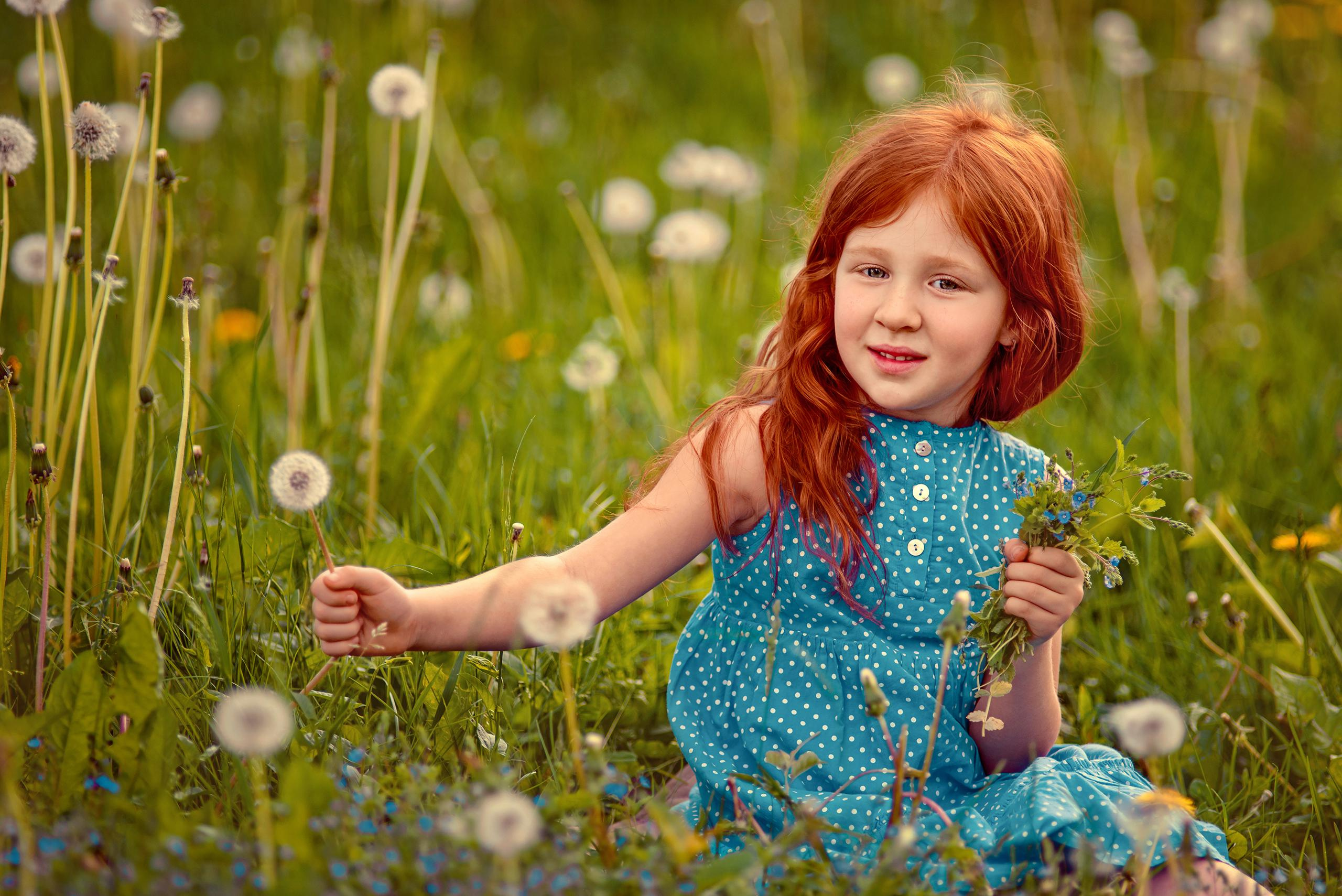 Девочка срывает одуванчик во время летней фотосессии.