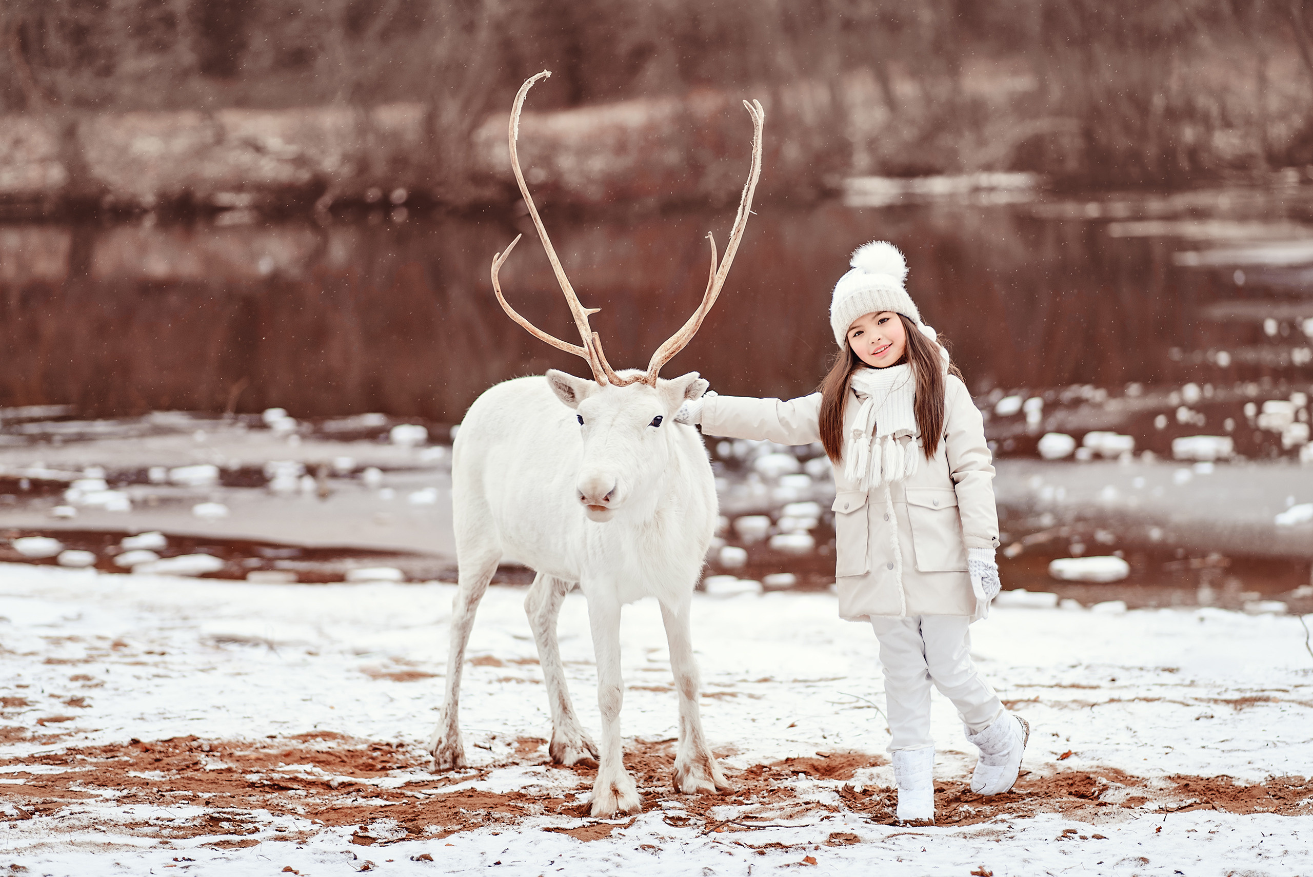Девочка гладит белого оленя на берегу реки зимой.