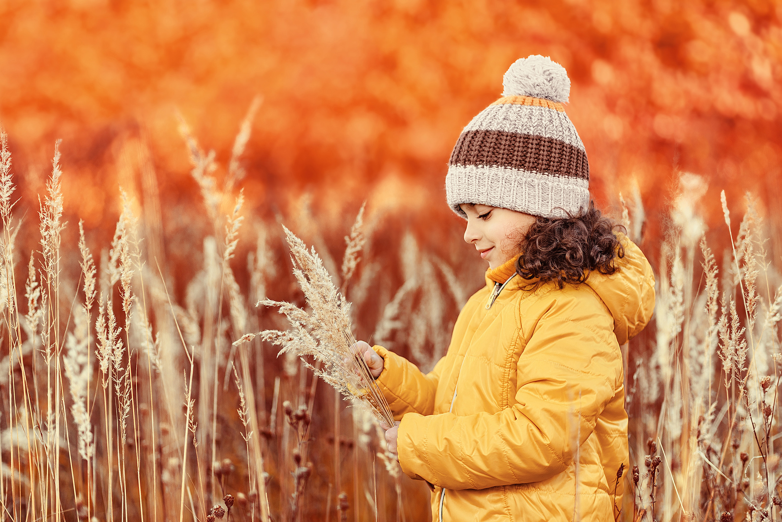 Девочка в желтой куртке держит в руках букет из колосьев.