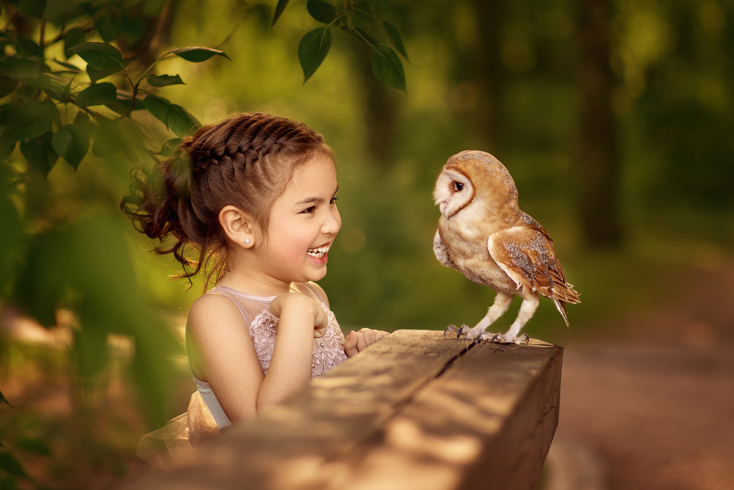 Девочка в летнем парке смеётся, глядя на сову.