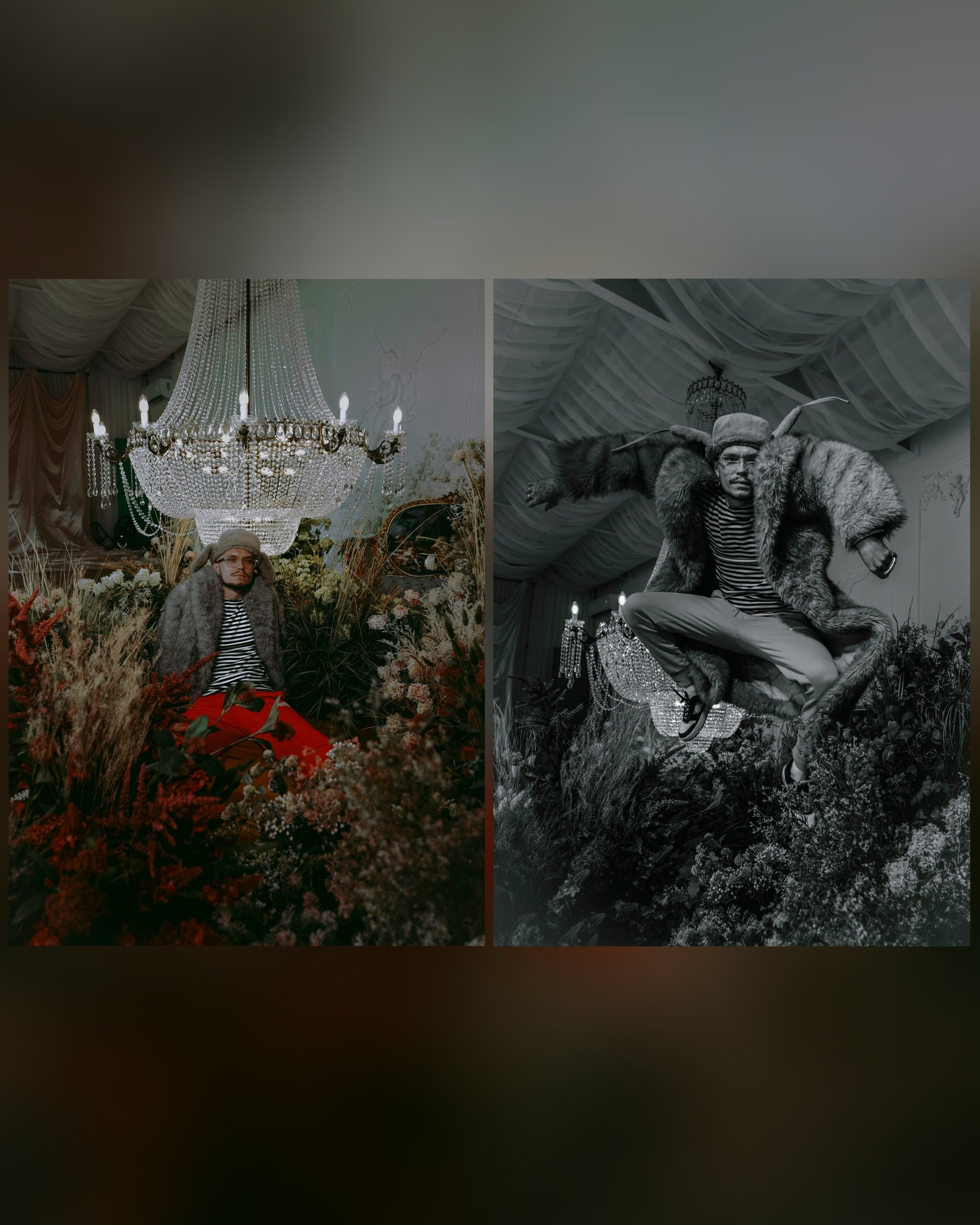 парень в прыжке в саду