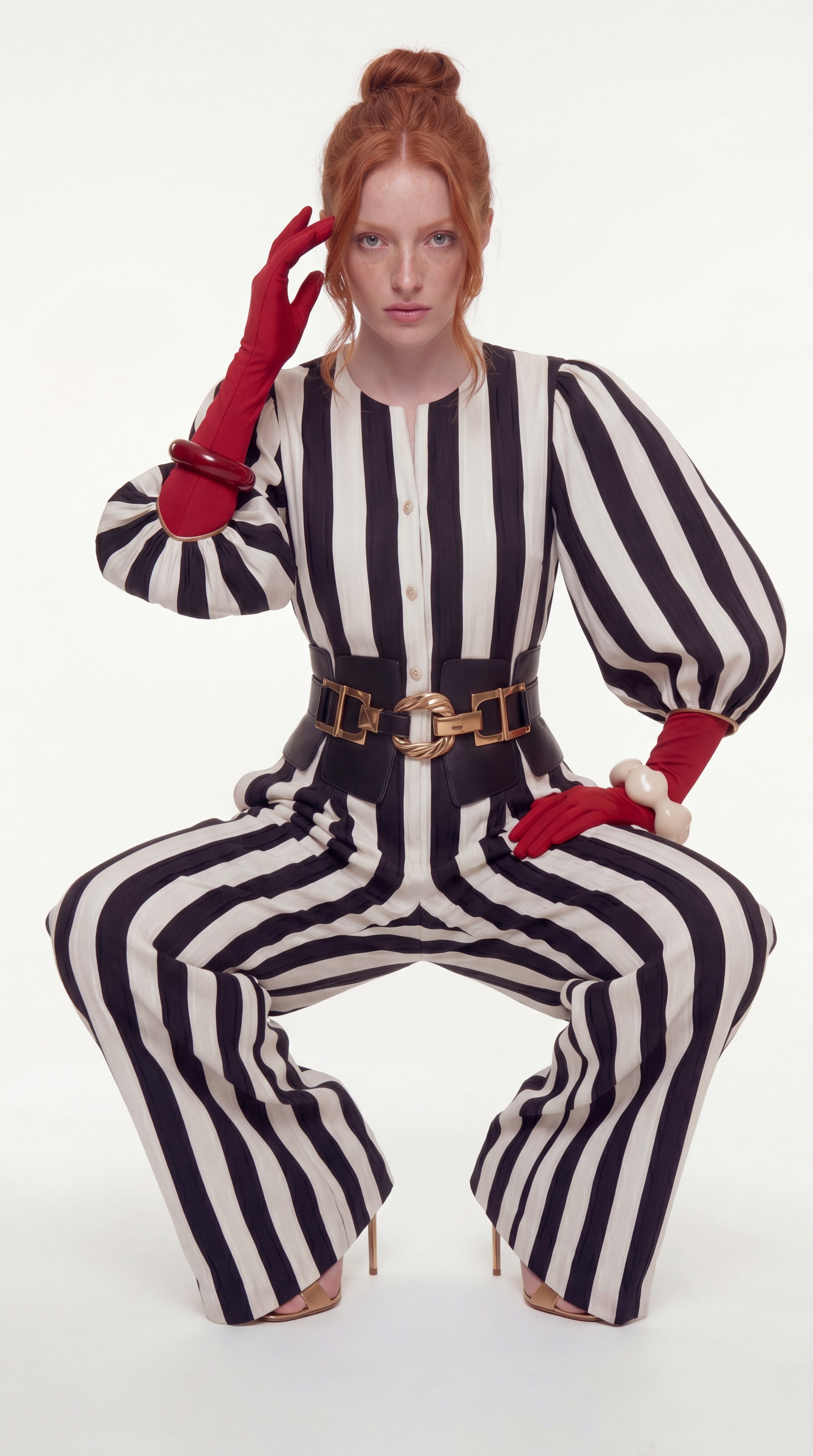 Цифровой персонаж для соцсетей: AI-модель в стильном комплекте из узорчатого топа и полосатых брюк, для динамичного контента