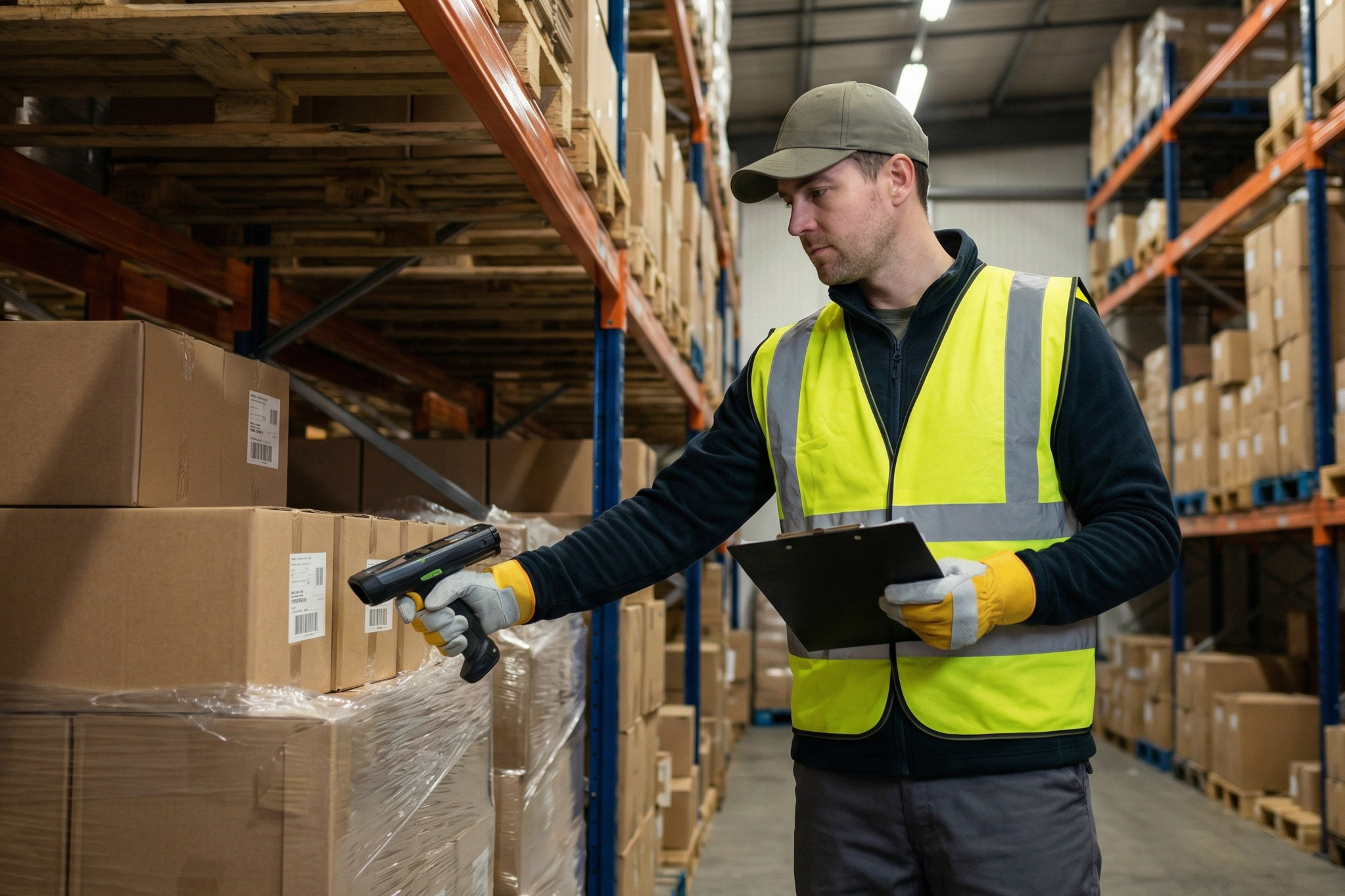 Кладовщик проверяет целостность и маркировку товара на полке. Контроль качества на складе.