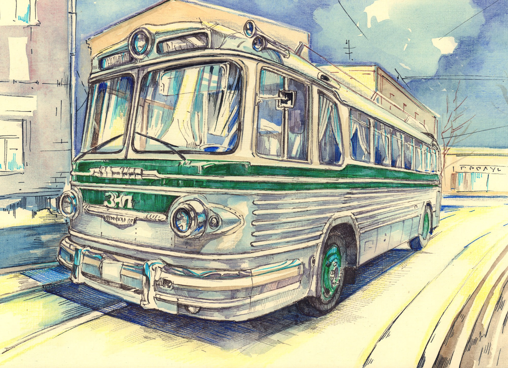 Автобусы. Художник Александр Петрунин