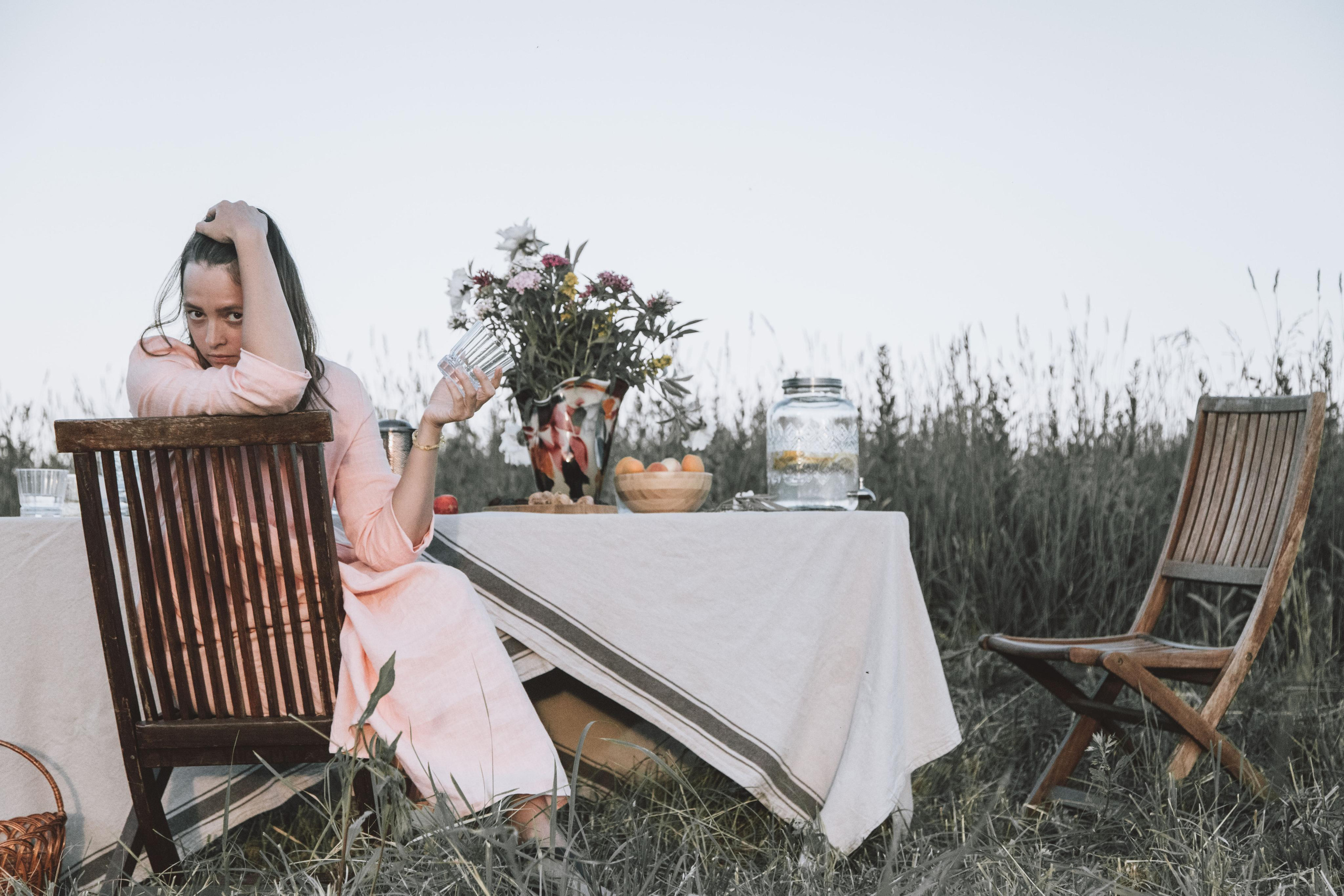 Family dining in the field. Home