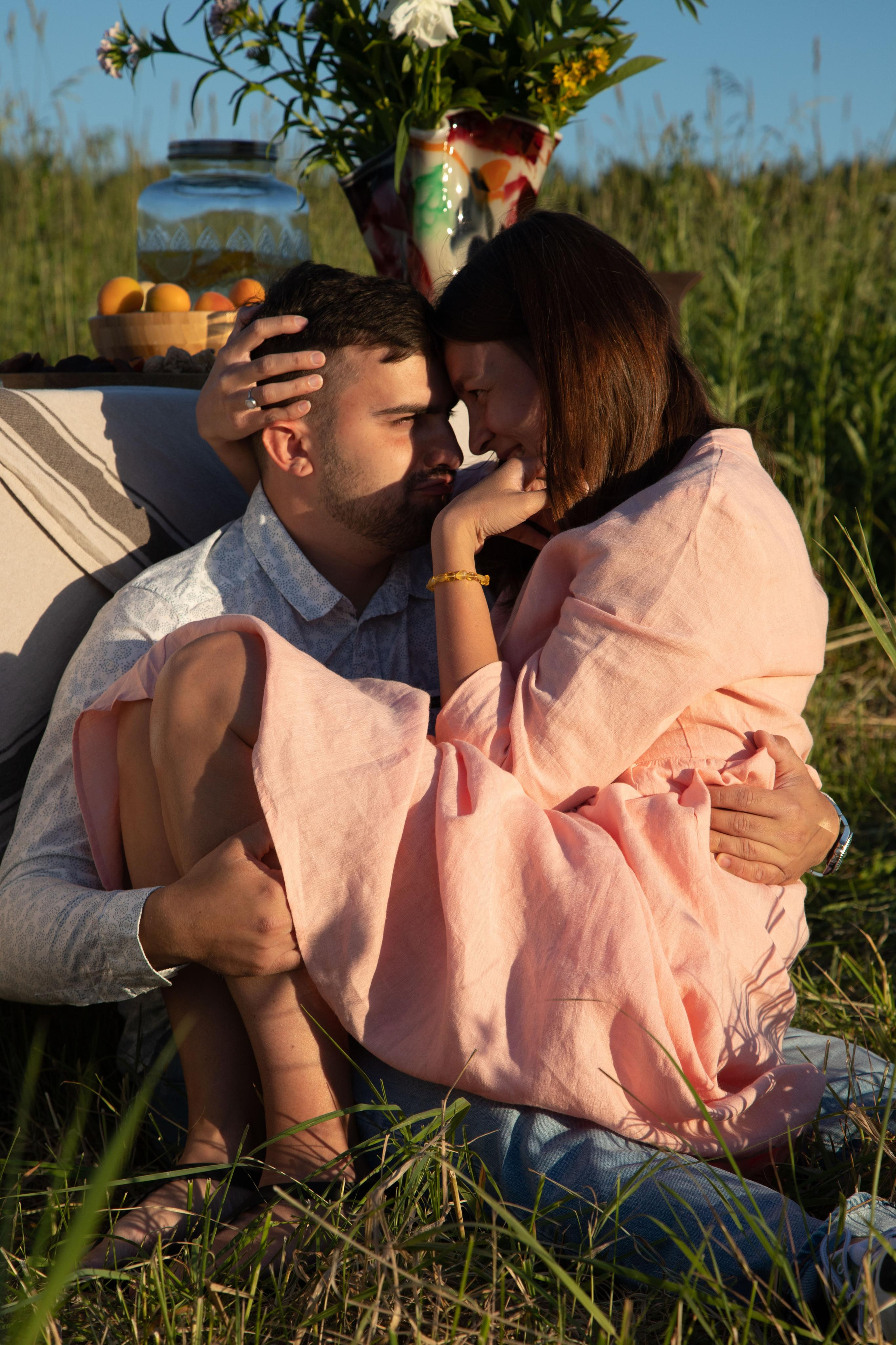 Family dining in the field. Home