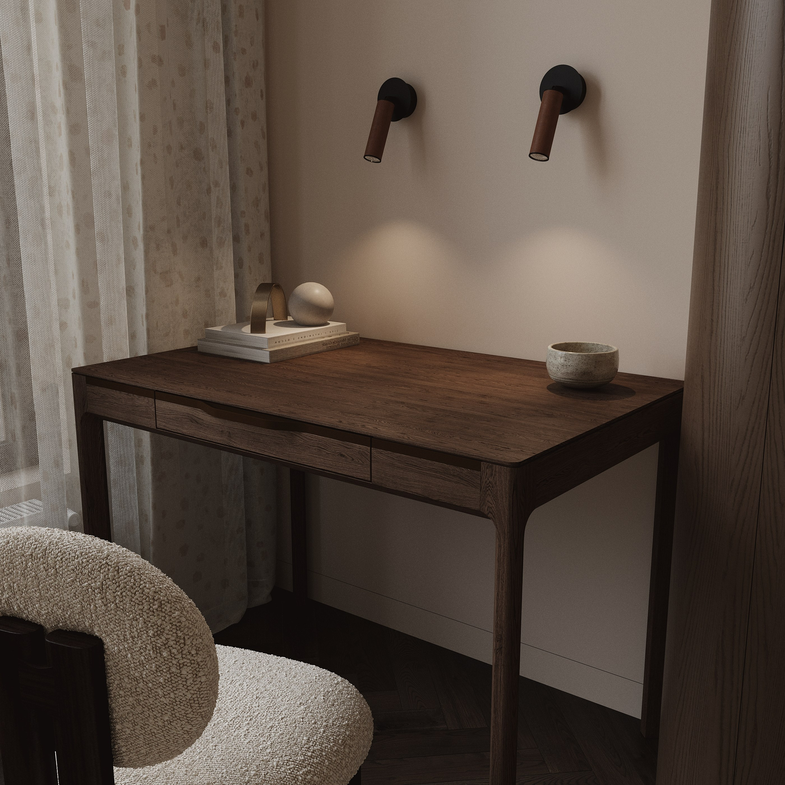 Письменный стол в гостевой комнате, стеллаж  в шпоне  Desk in the guest room, veneered shelving