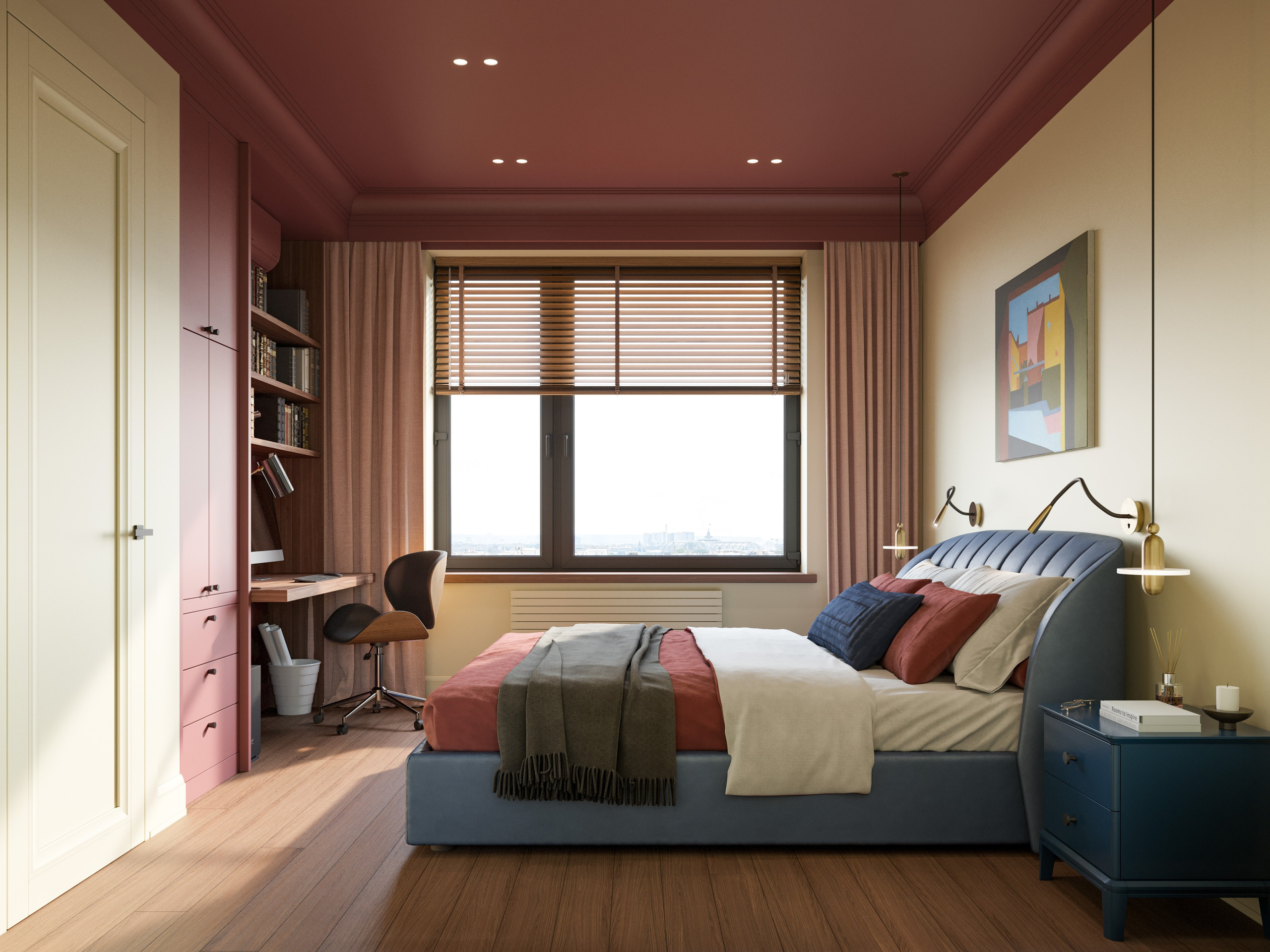 Цветовая композиция спальни: винный, желтый и синий в современном дизайне