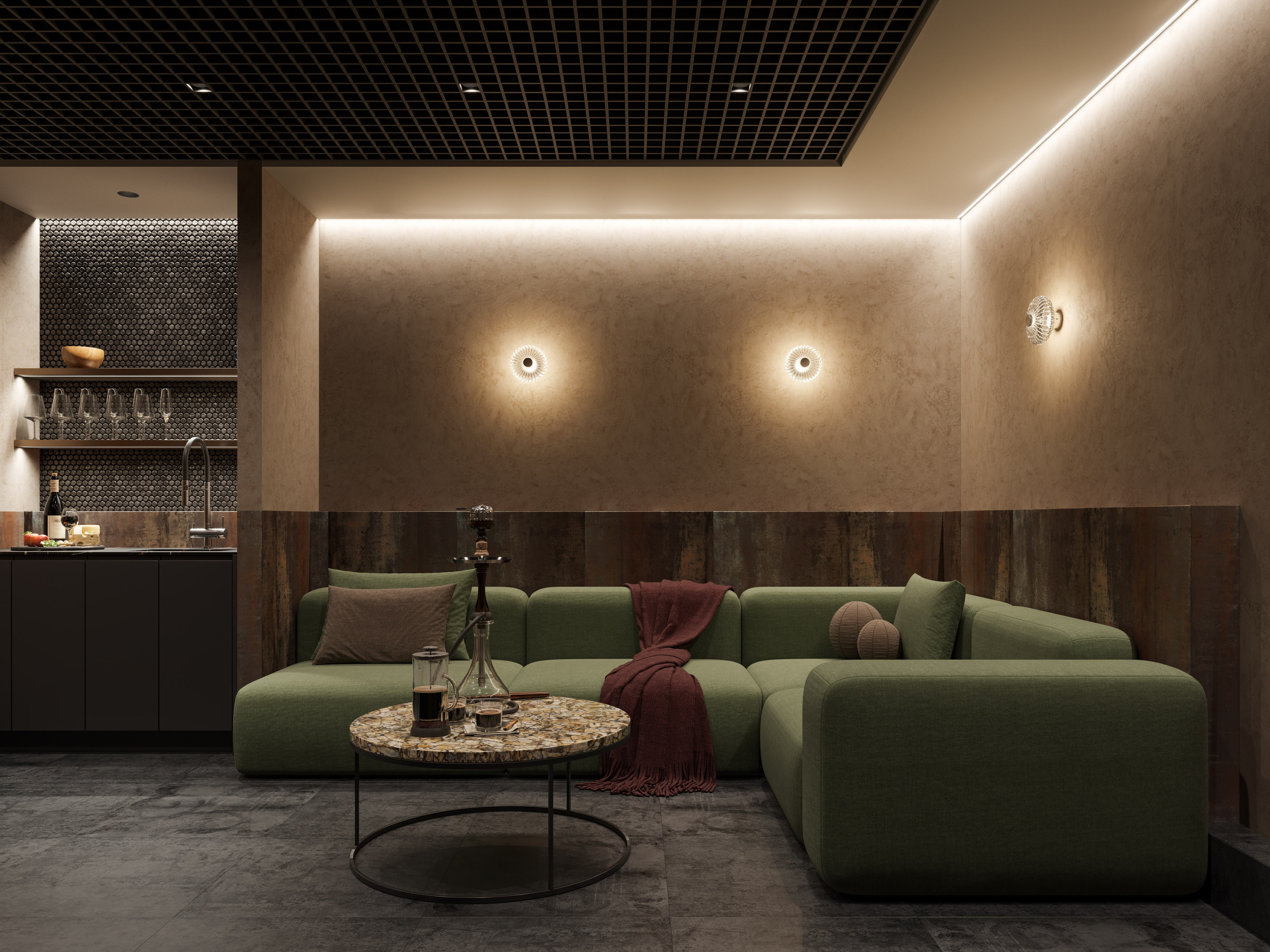 Тёмная и уютная комната отдыха на цокольном этаже с кухонной зоной и раковиной