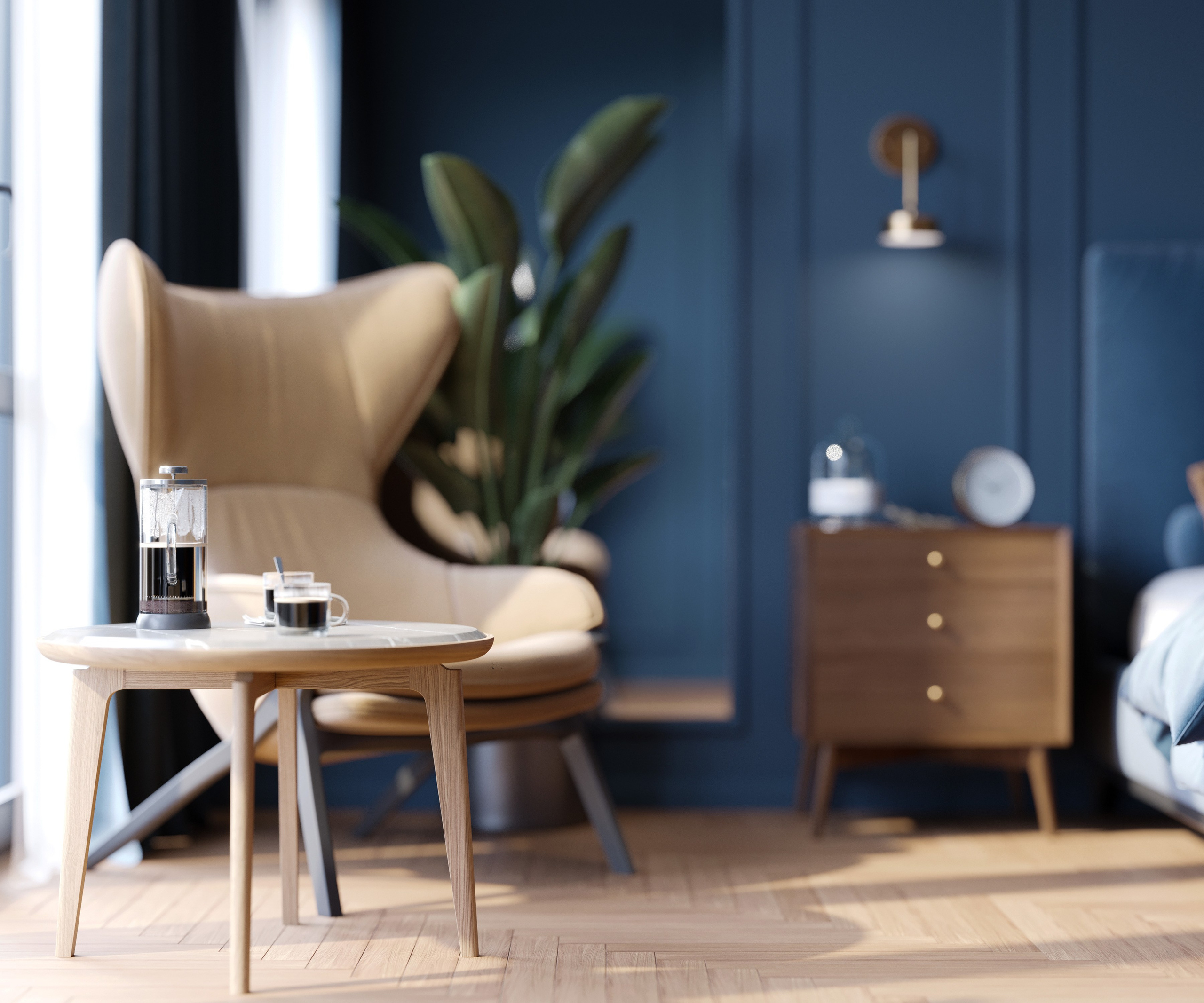 Спальня-кабинет с панорамным окном в синих тонах | 3D визуализация. Визуализатор интерьера в Москве | Брагин Кирилл