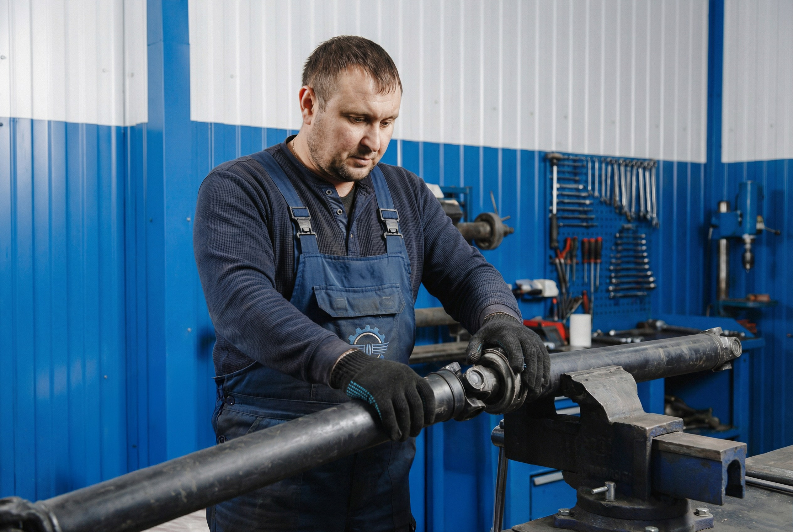 Рабочий диагностирует карданный вал на стенде.