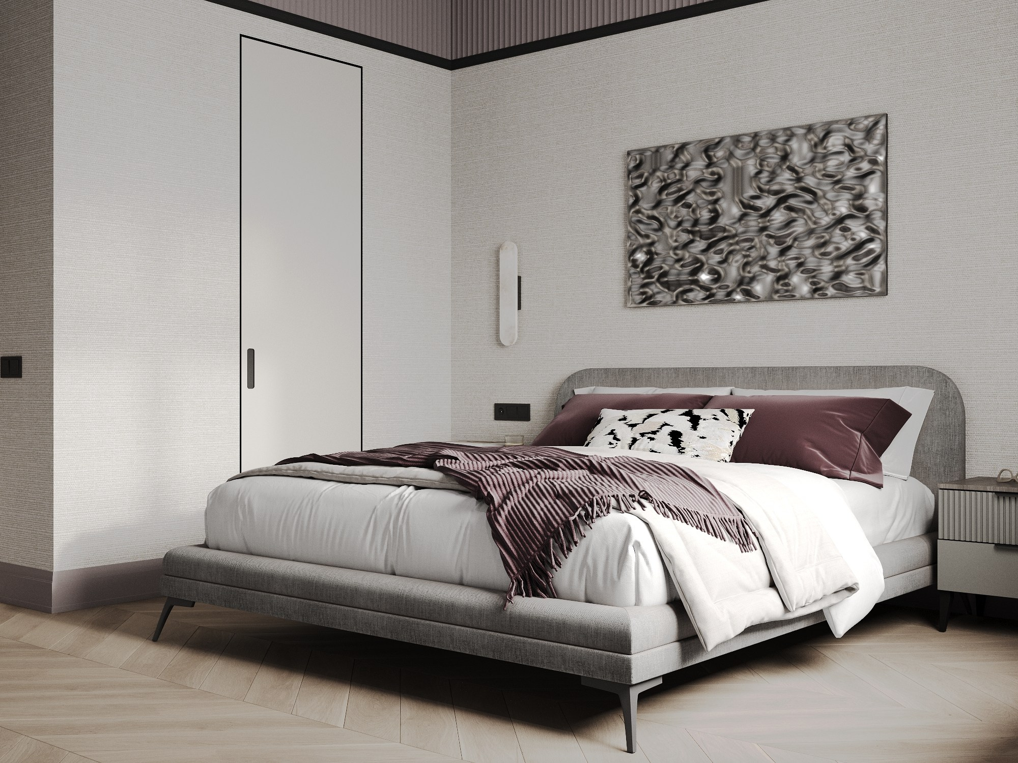 дизайн интерьера мастер спальни, стеновые панели под потолком, обои с текстурой ткани