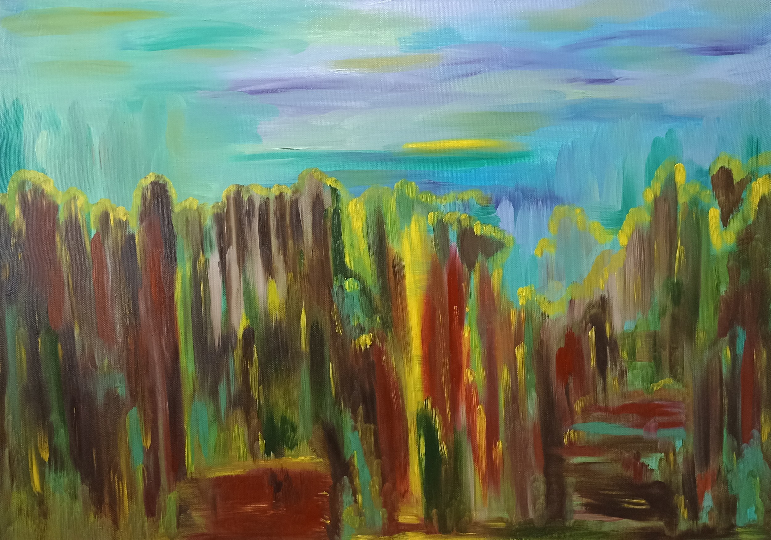 Сосновый бор и голубое небо. Деревья, как люди общаются. Картина с элементами абстракции и сюрреализма.