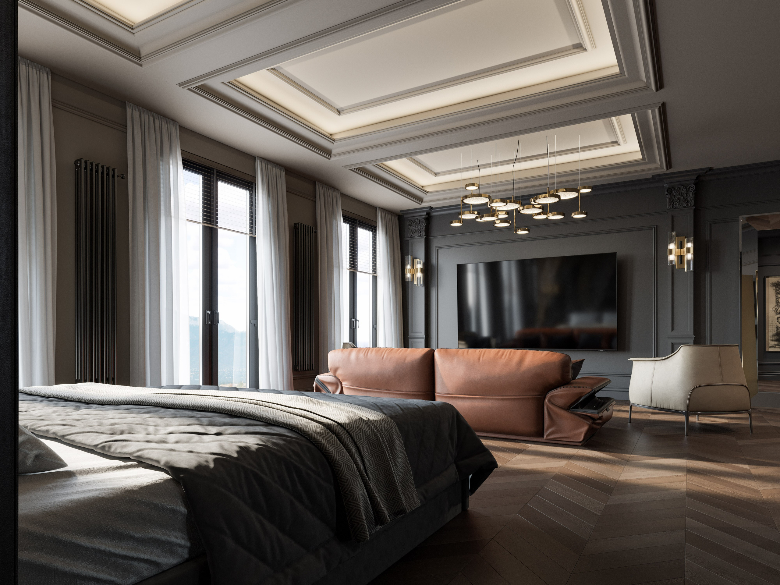 Кровать в центре спальни с видом на зону отдыха - классический стиль