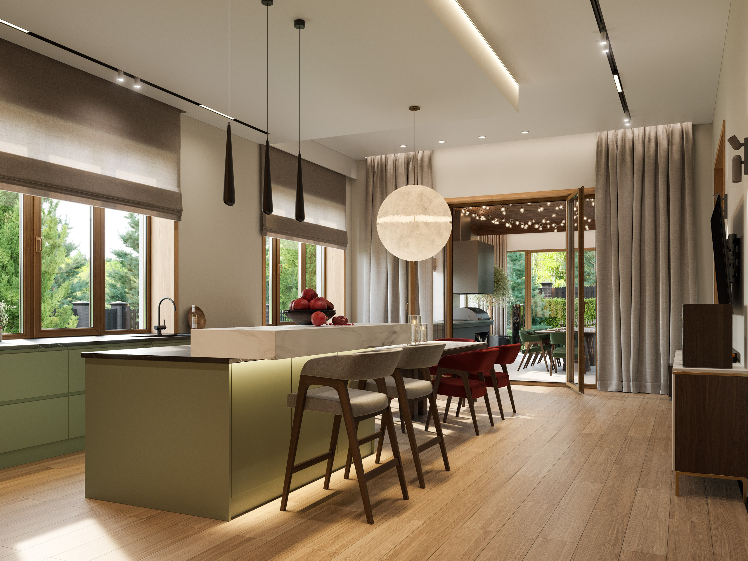 3D визуализация кухни-столовой в загородном доме с островом и панорамными окнами на веранду