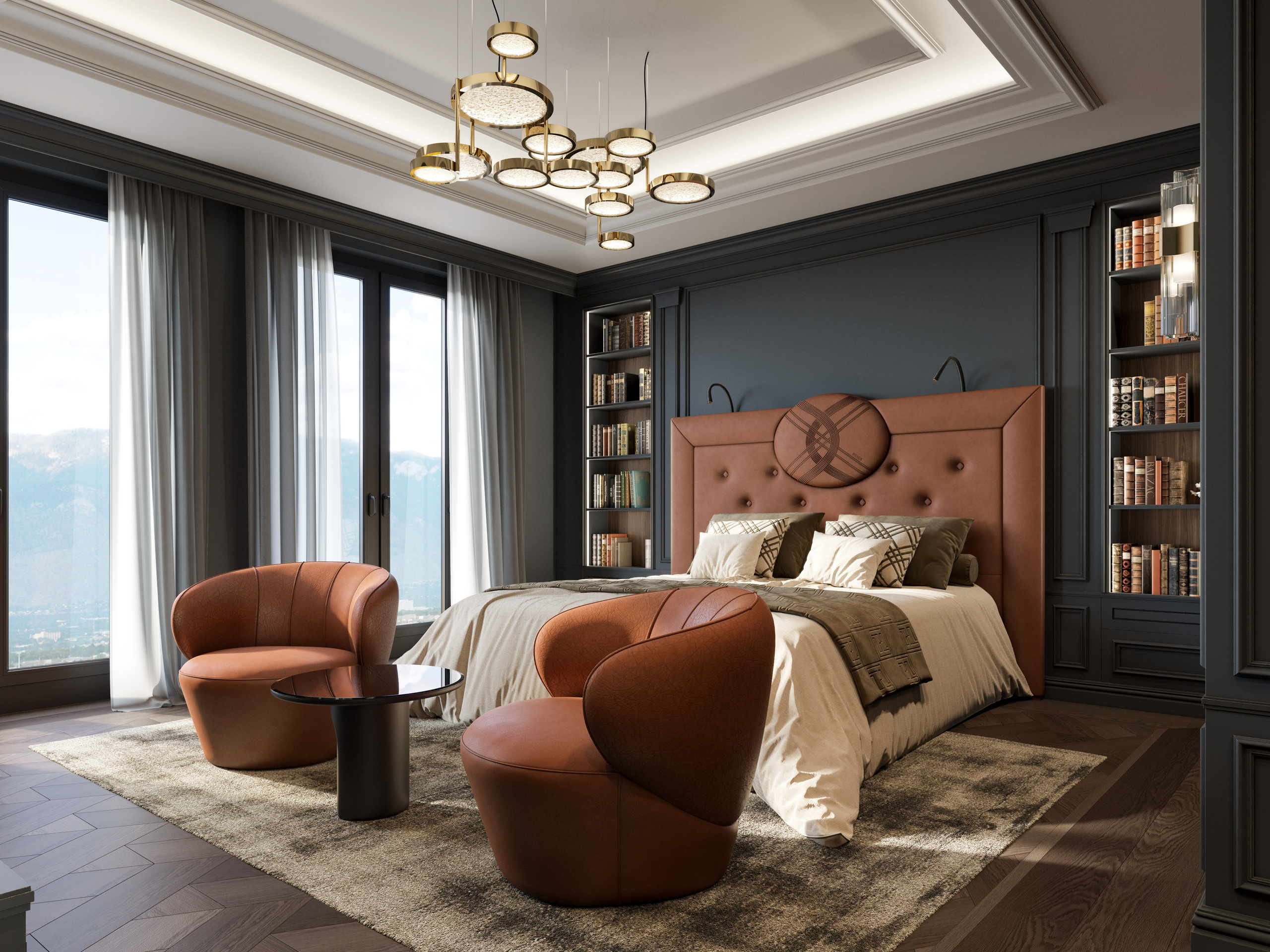 3D визуализация кровати в гостевой спальне с кожаной кроватью и встроенными полками у кровати