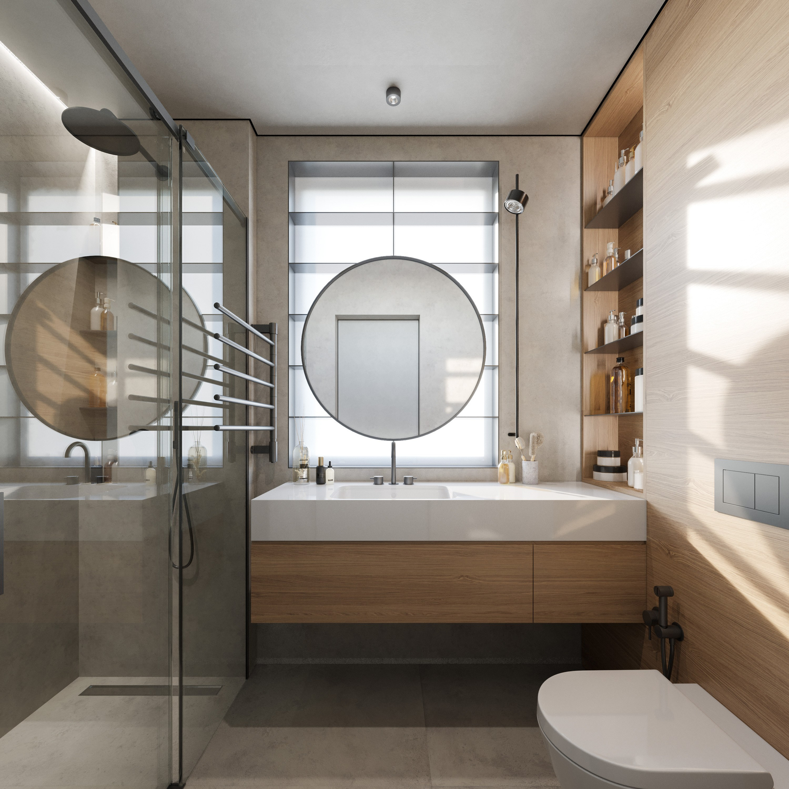 Минималистичный санузел с деревянной полкой и скрытым освещением