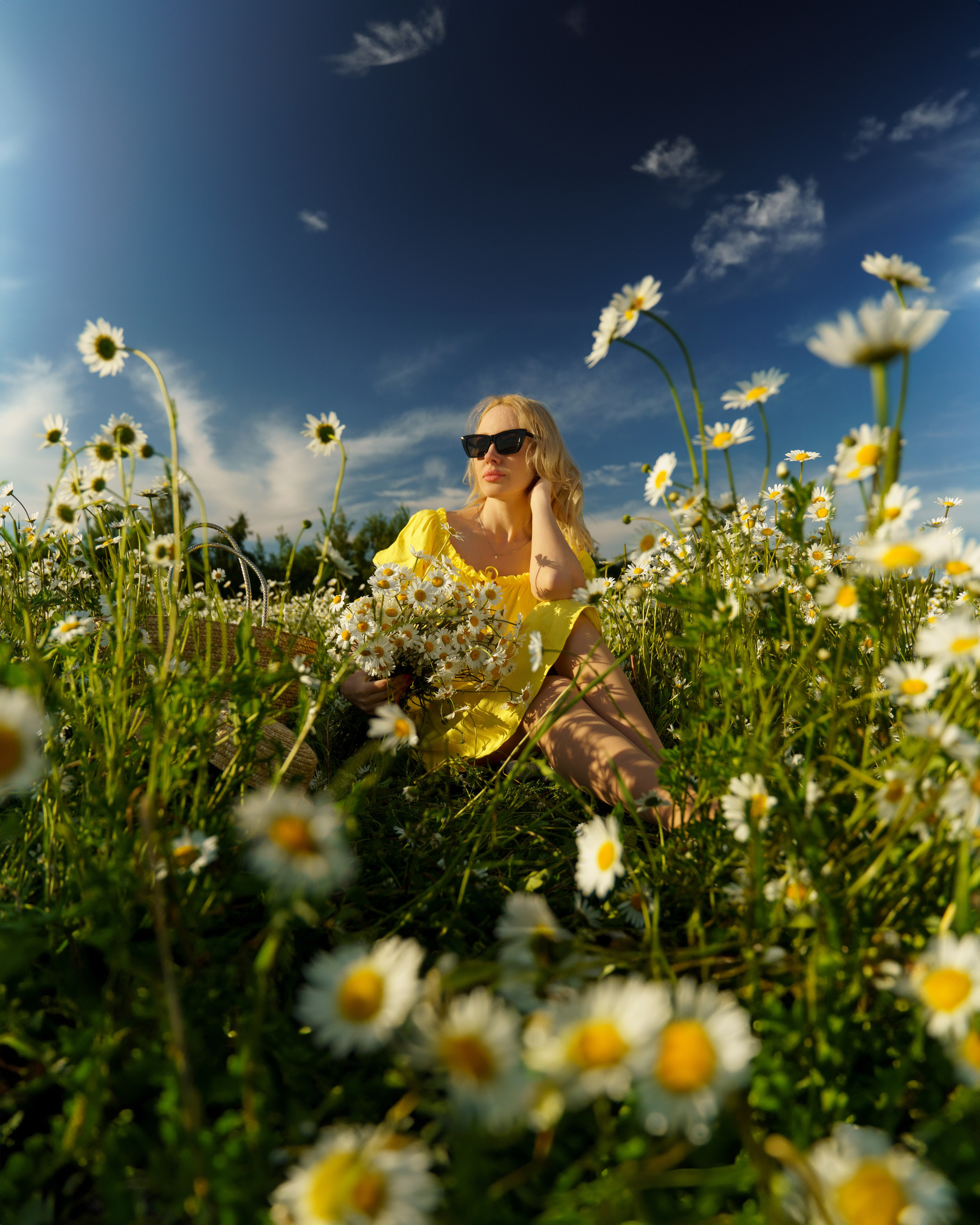 широкоугольное фото, где девушка в желтом платье сидит в ромашковом поле