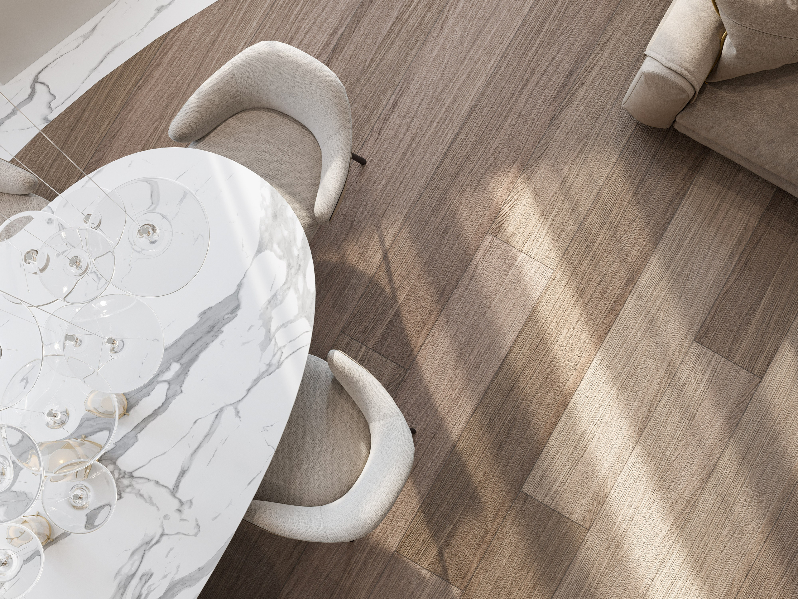 Обеденная зона со столешницей с органичными формами и изогнутыми стульями