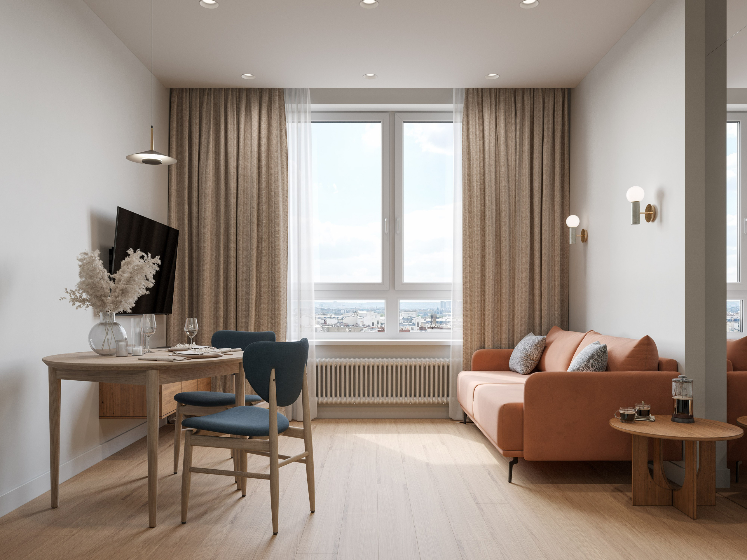 3D визуализация кухни-гостиной в светлых тонах с оранжевым диваном и минималистичным обеденным столом