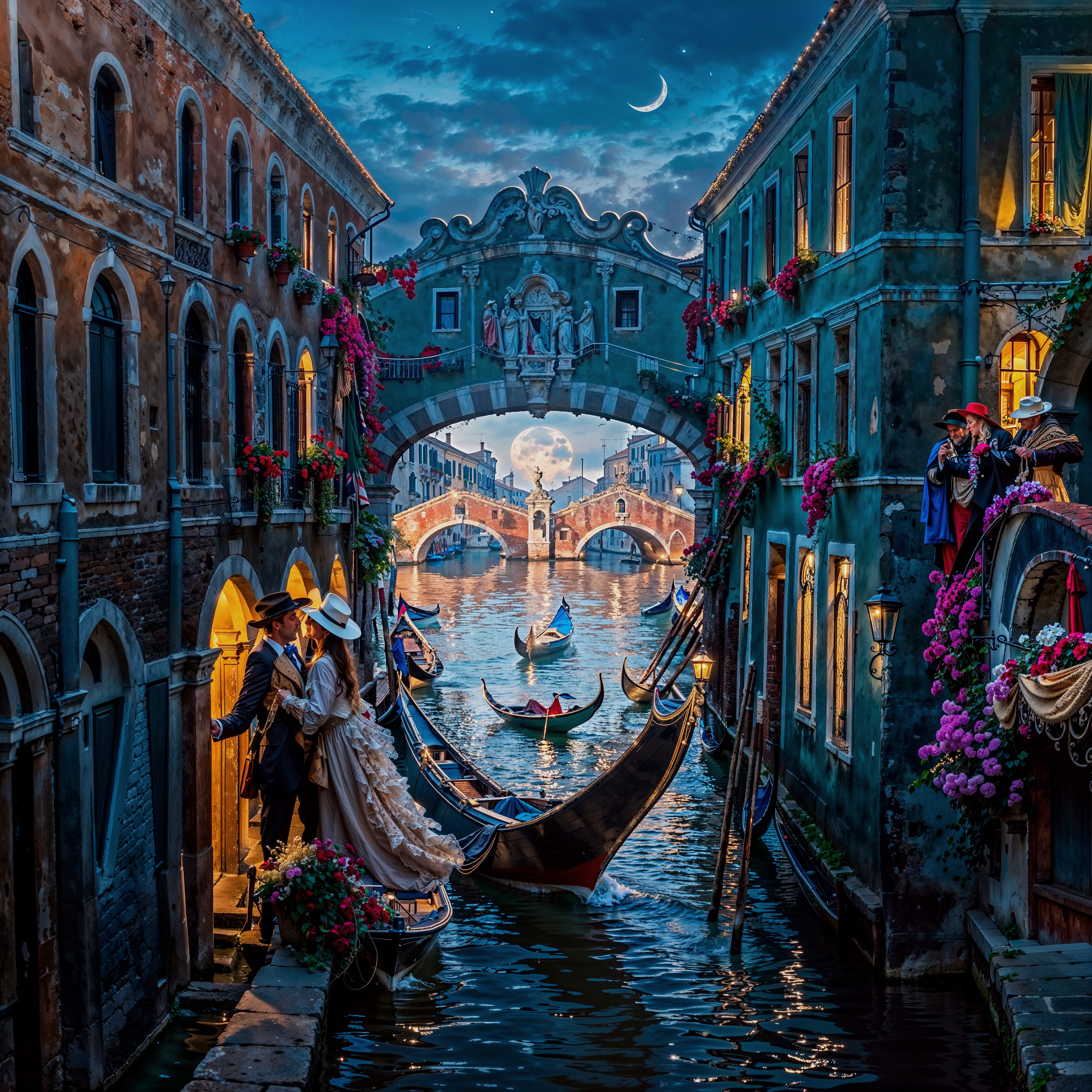 Иллюзия лица, созданная из архитектуры Венеции, гондол и влюблённой пары. Адаптация по мотивам Oleg Shupliak, в которой романтика и городская эстетика сливаются в метафизический образ.