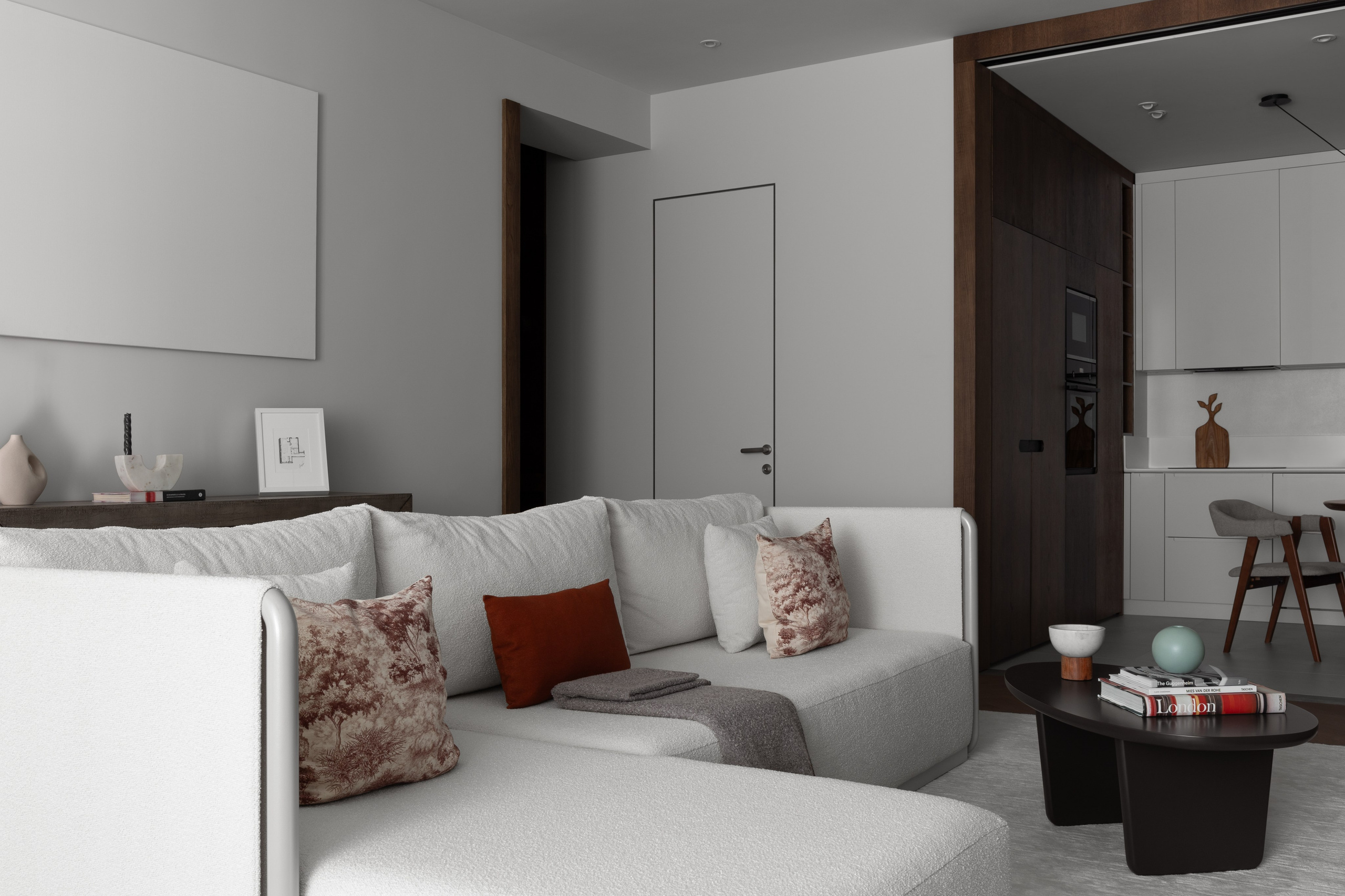 Гостиная в стиле japandi, профессиональное фото интерьера.