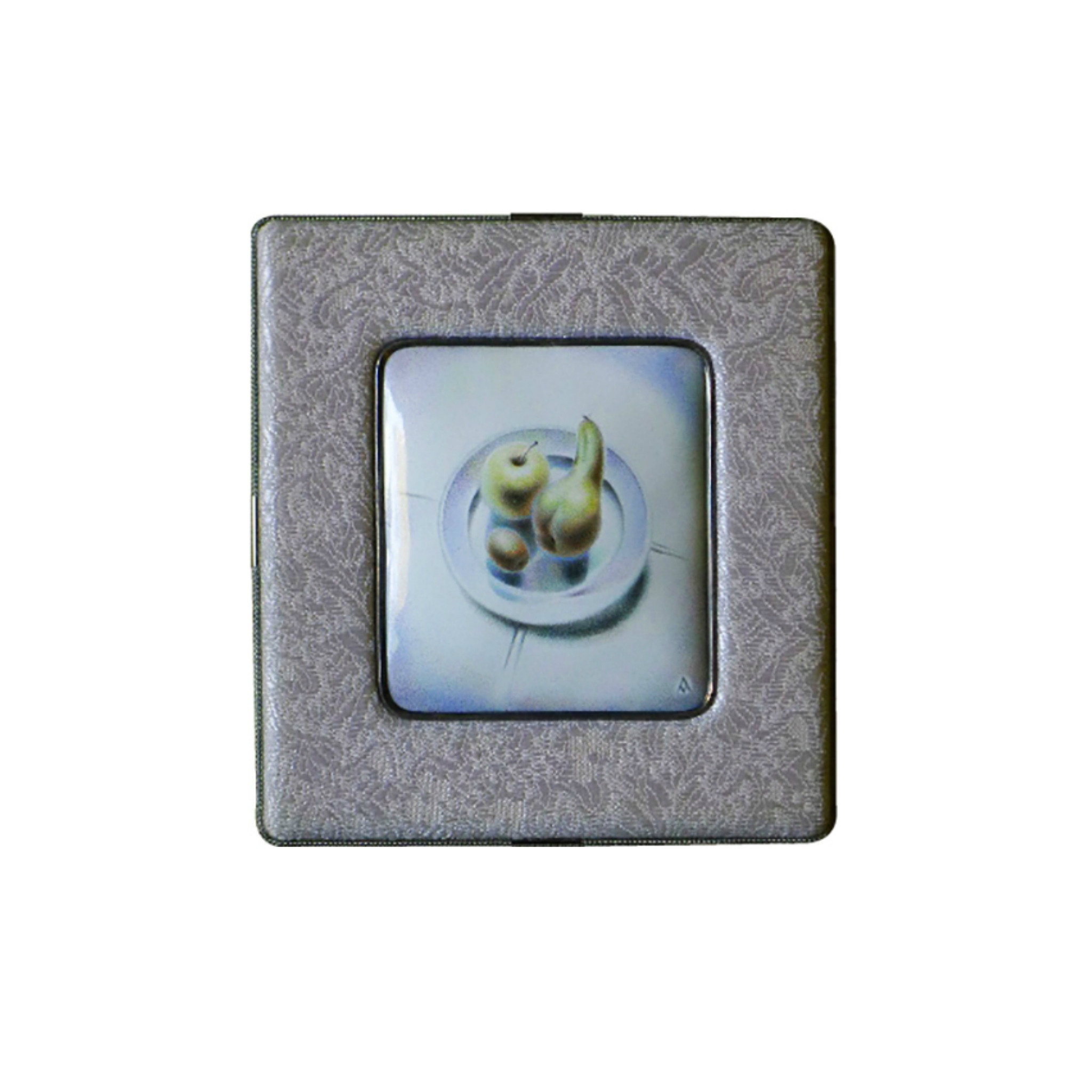 Artist Alexei Maximov. Still life with a pear, 1991, painted enamel, silver, silver embroidery. Framing - Boris Sokolov