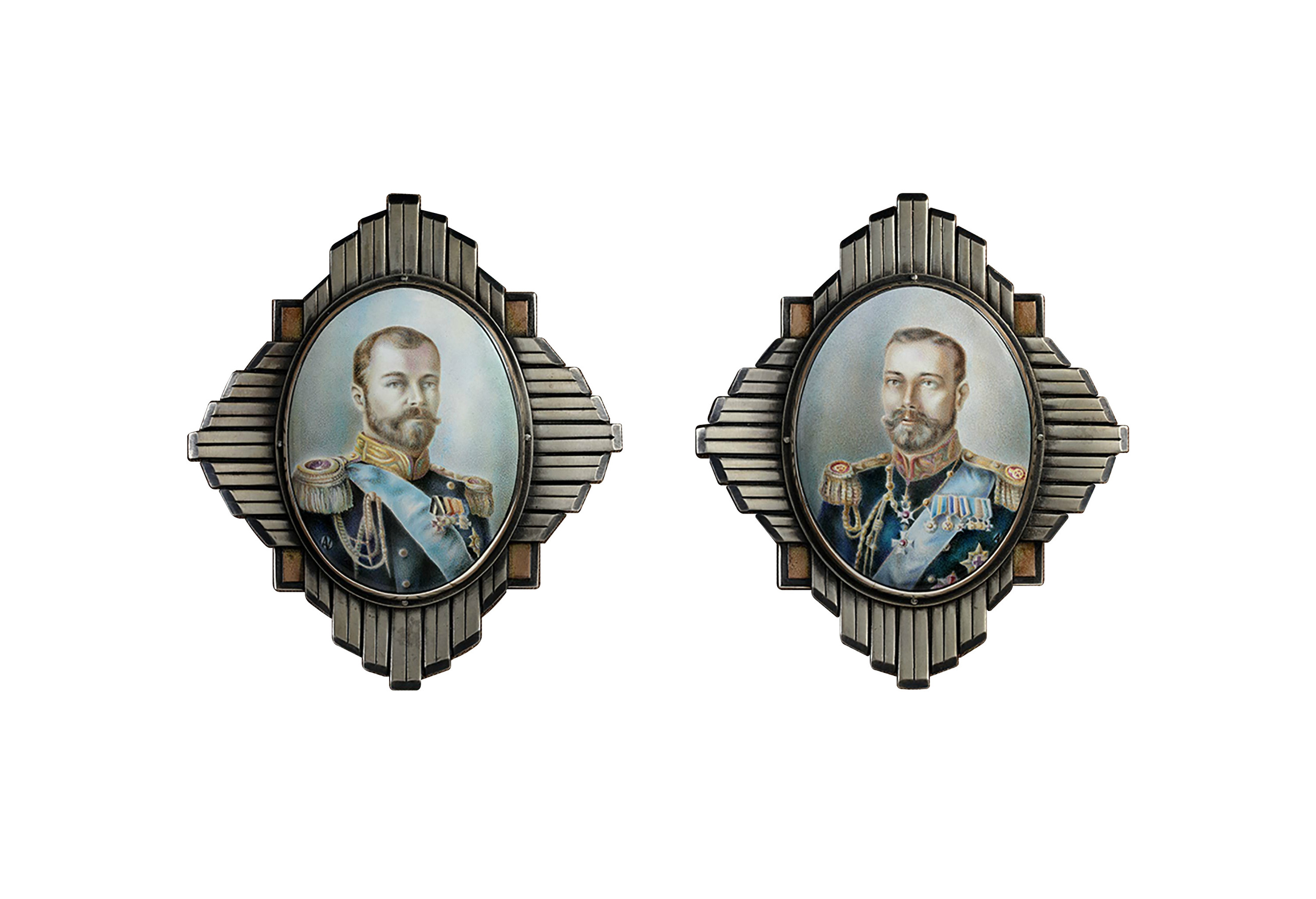 Artist Alexei Maximov. Diptych Emperors Nicholas II and George V, 2013, painted enamel, silver