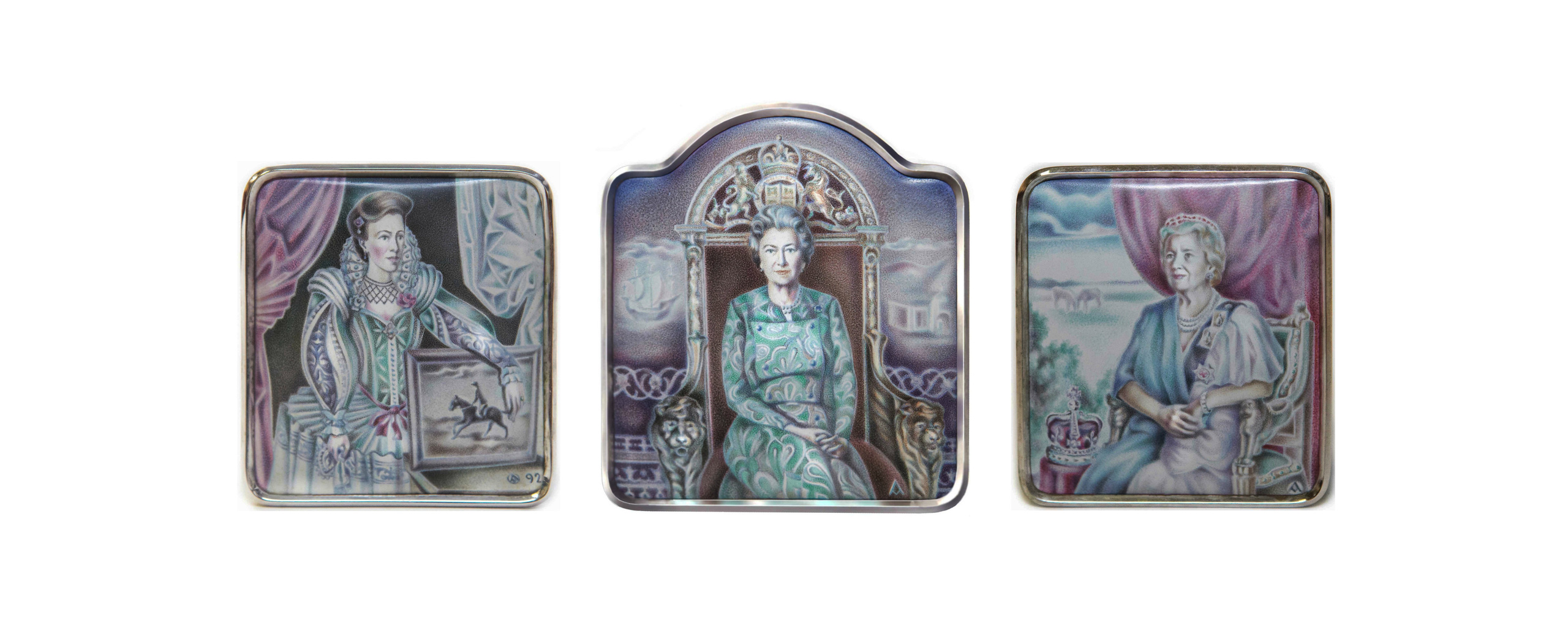Artist Alexei Maximov. H. R. H. the Princess Royal, H. M. Queen Elizabeth II, H. M. Queen Elizabeth The Queen Mother, 1992, enamel, white gold. The Moscow Kremlin Museum collection