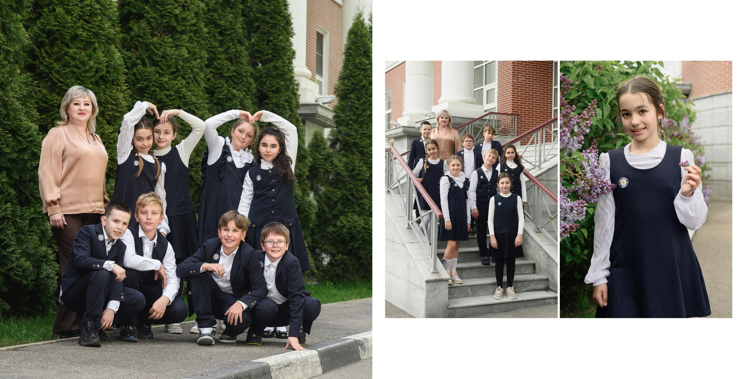 Разворот фотокниги: класс на улице у школы, групповой портрет на фоне деревьев крупно и портрет школьницы. 