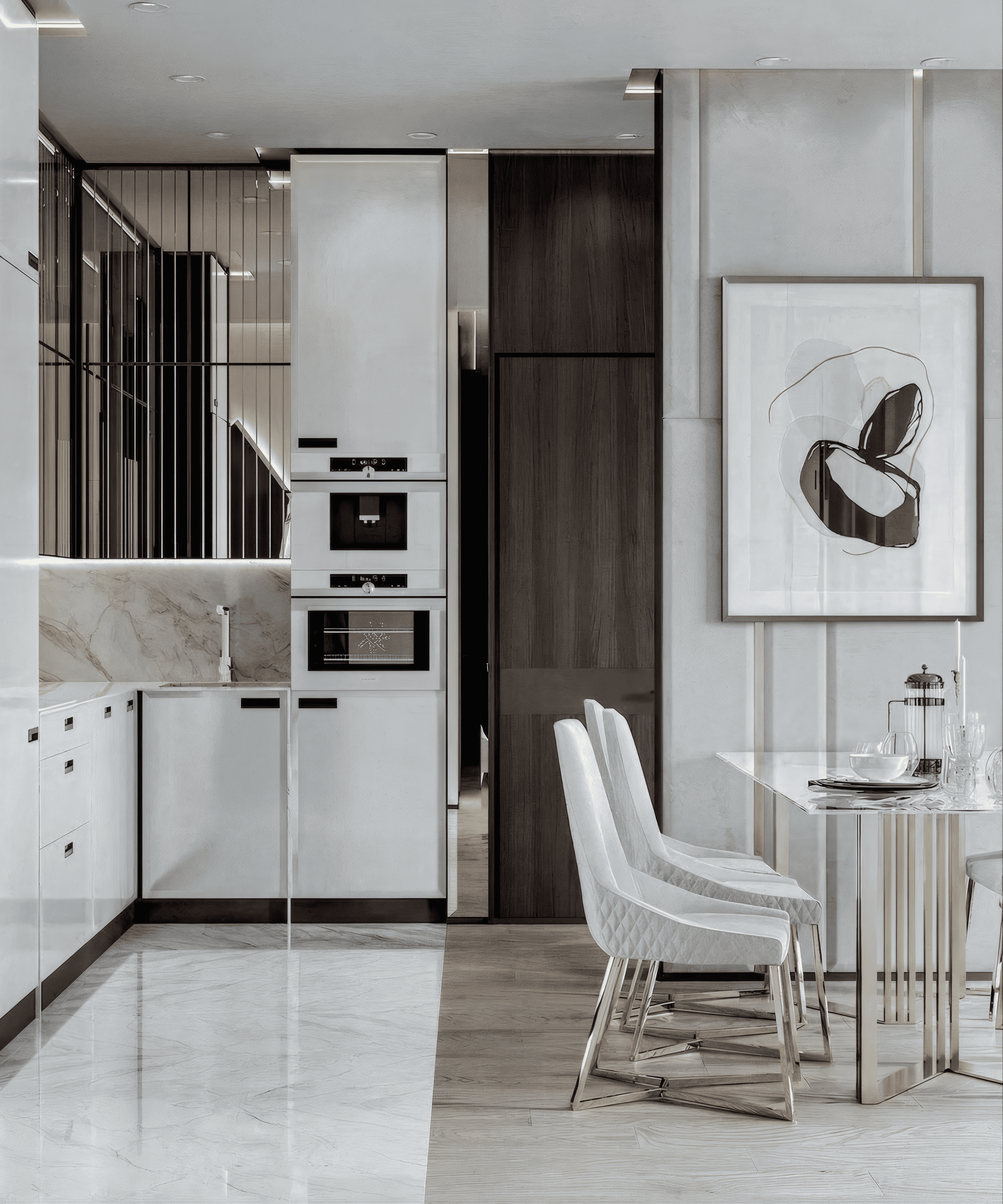 Современная белая кухня с островом и встроенной техникой, обеденная зона со светлыми стульями на золотых ножках и абстрактная картина в интерьере от Валерии Котович.