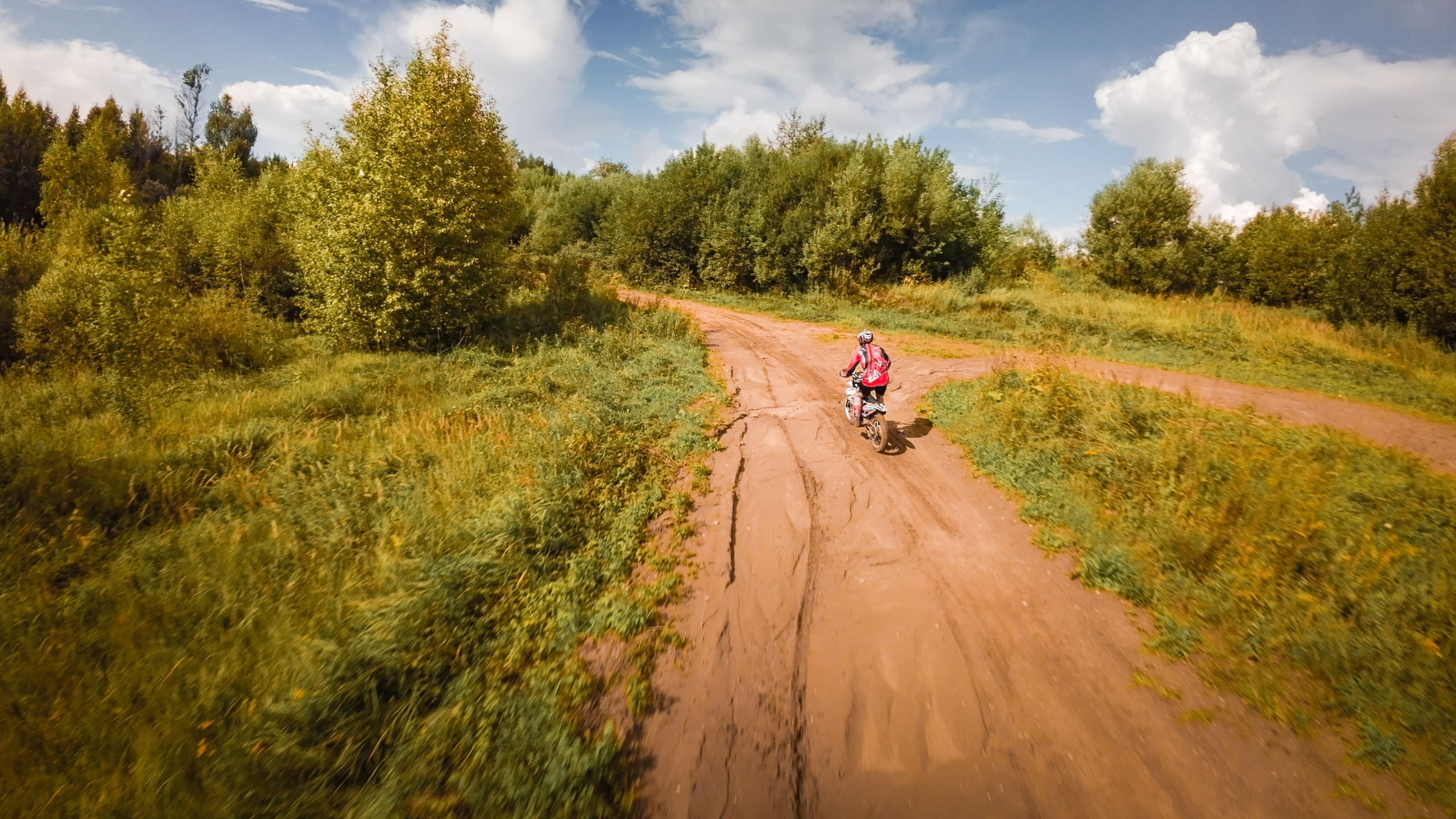 мужчина на кроссовом мотоцикле в лесу, эндуро, лес, трава, песок, лето, солнце