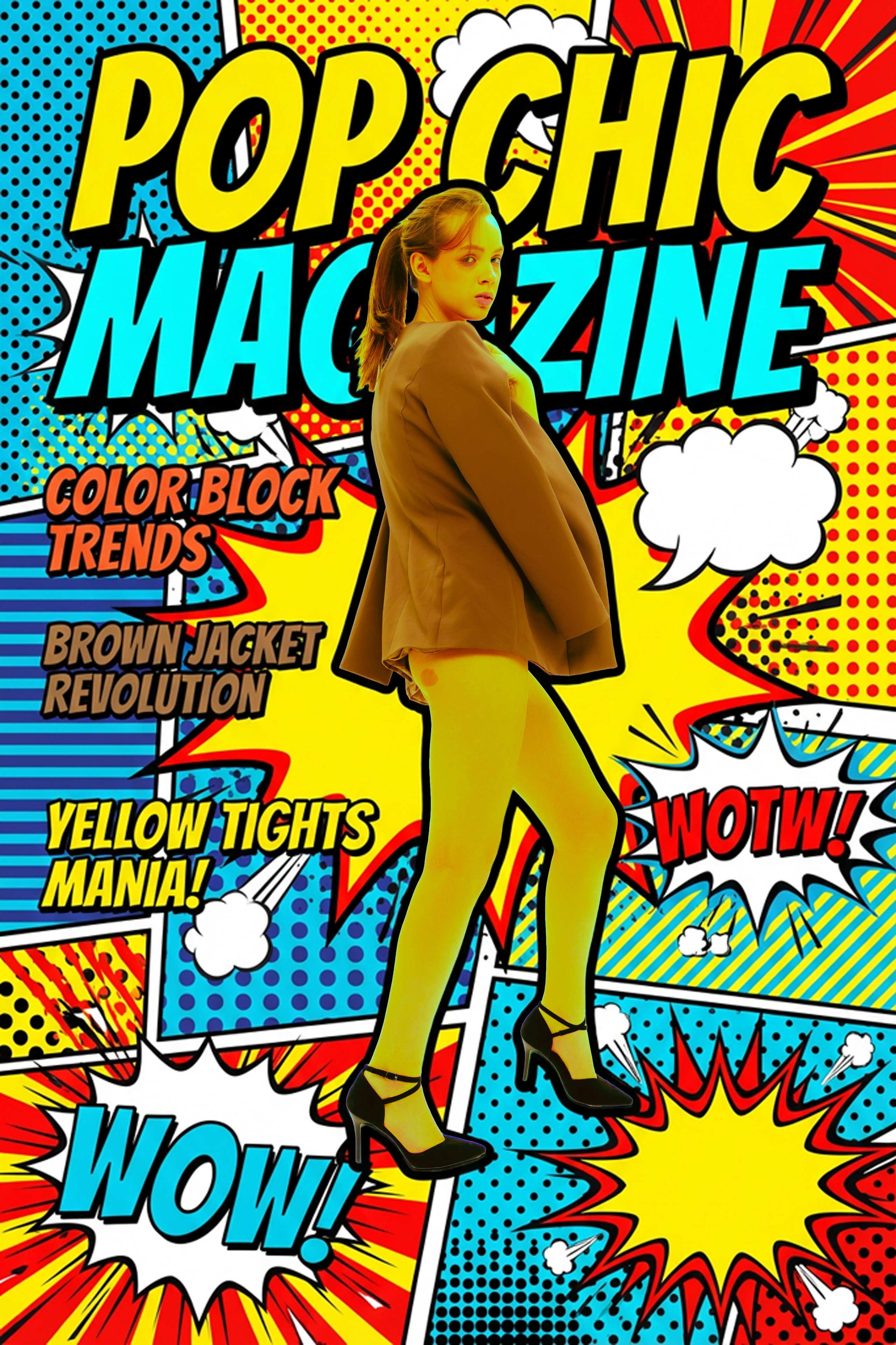 Поп-арт в моде: образ модели с объёмным пиджаком и классическими туфлями оживает на контрастном голубом фоне. Игра цветов и поз создаёт запоминающийся стиль.