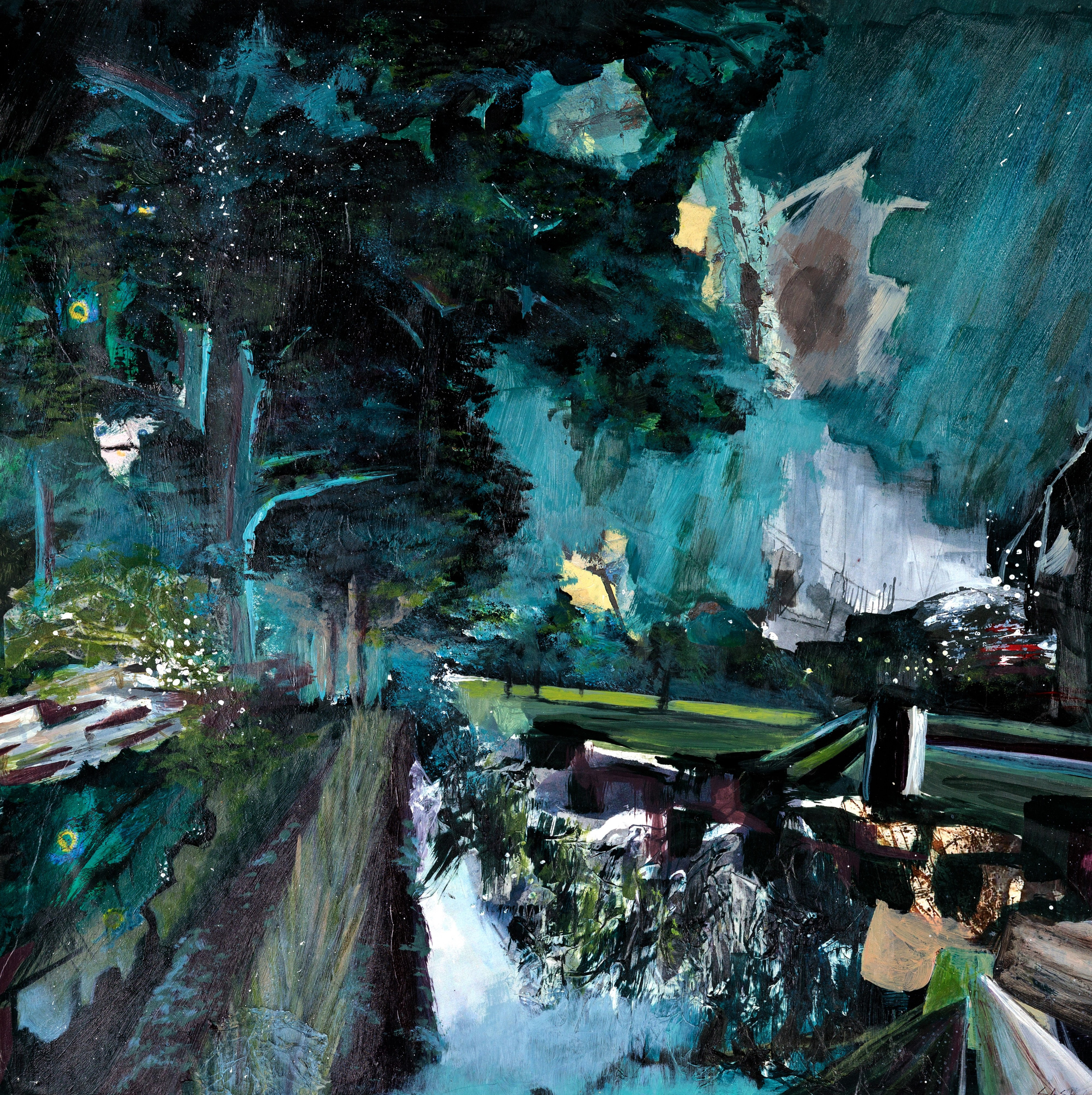 Таинственный и тёмный пейзаж с рекой, деревьями и отражениями