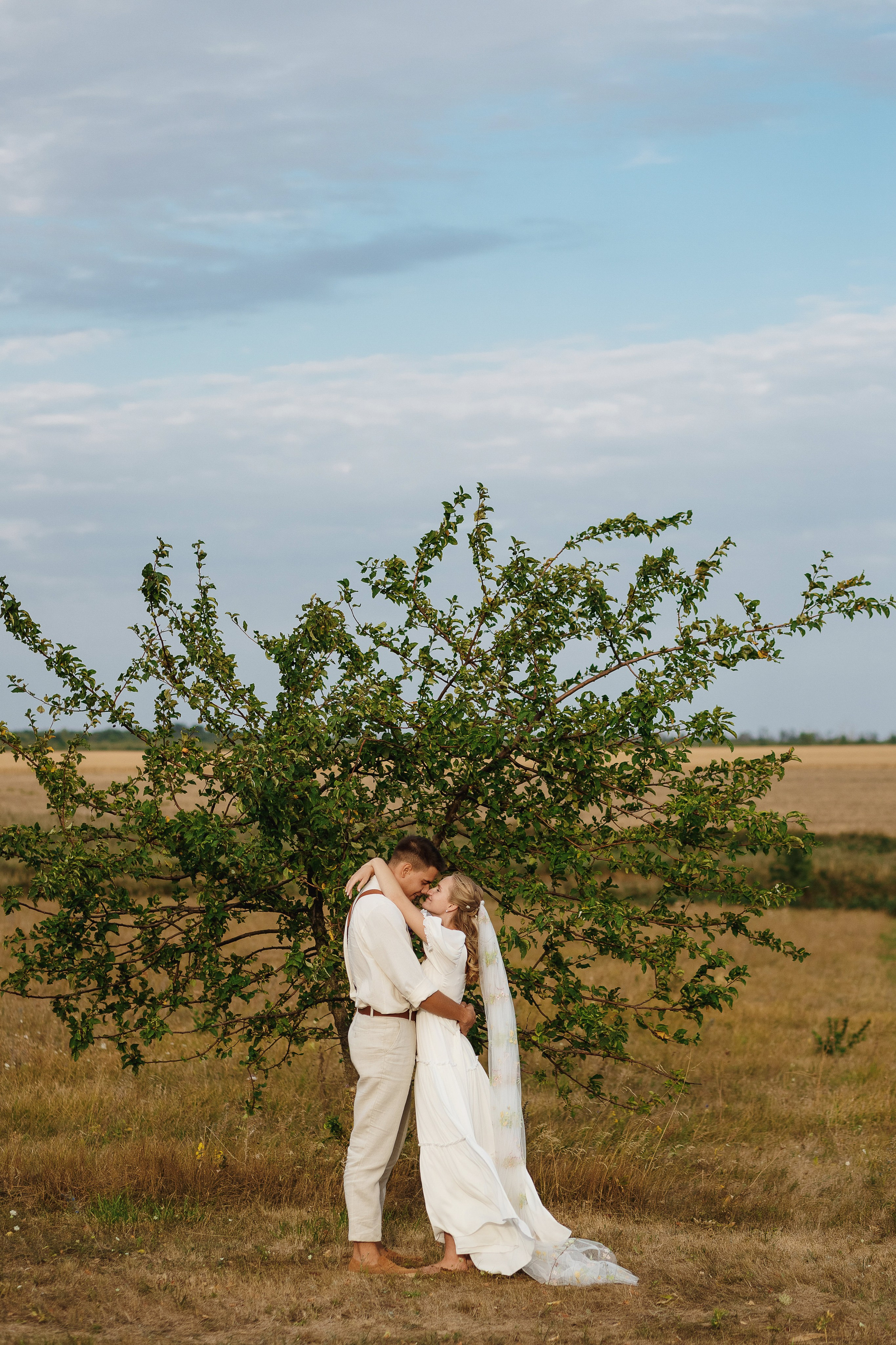 Жених и невеста обнимаются под деревом на фоне поля — свадебная фотосессия на природе, фотограф Таганрог.